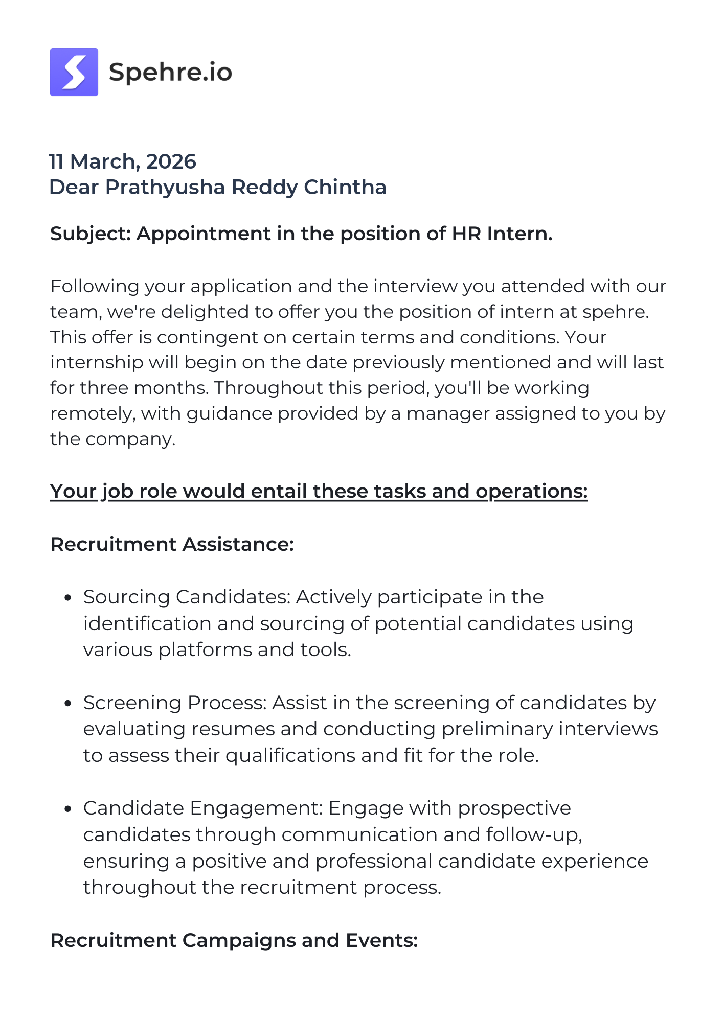 spehre Offer Letter Page 1