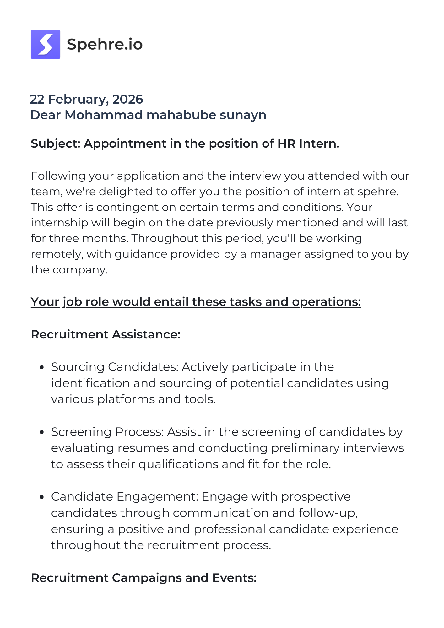 spehre Offer Letter Page 1