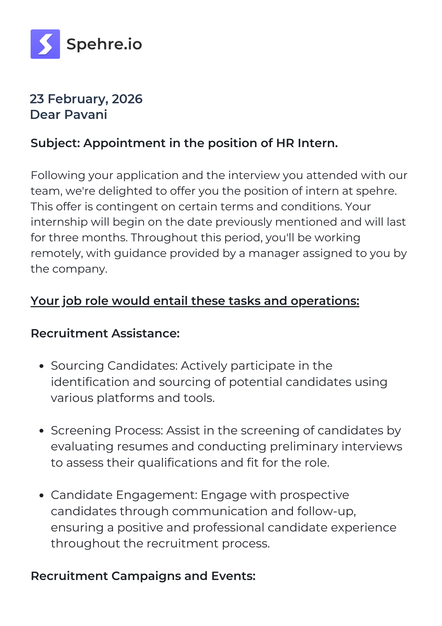 spehre Offer Letter Page 1