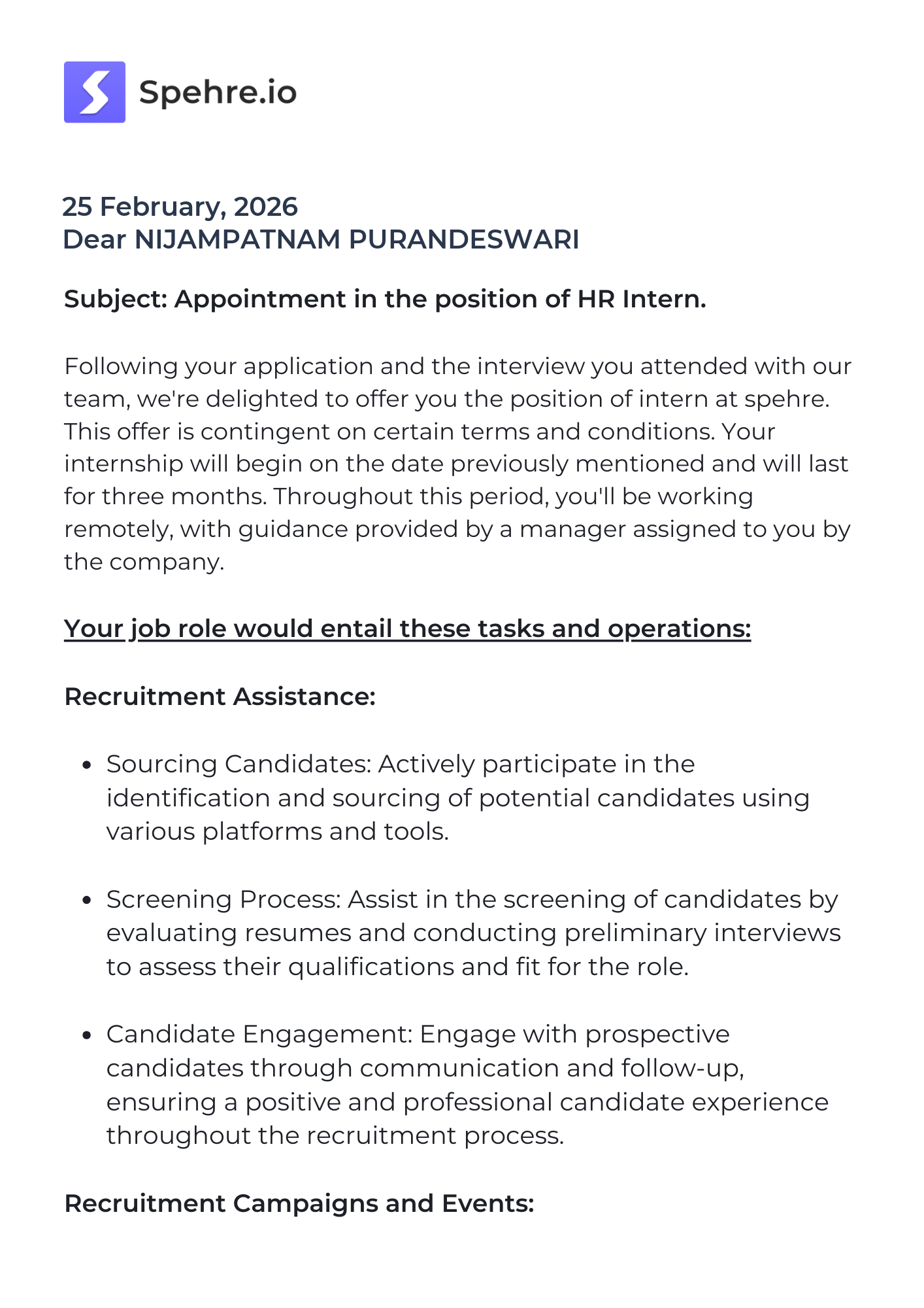 spehre Offer Letter Page 1