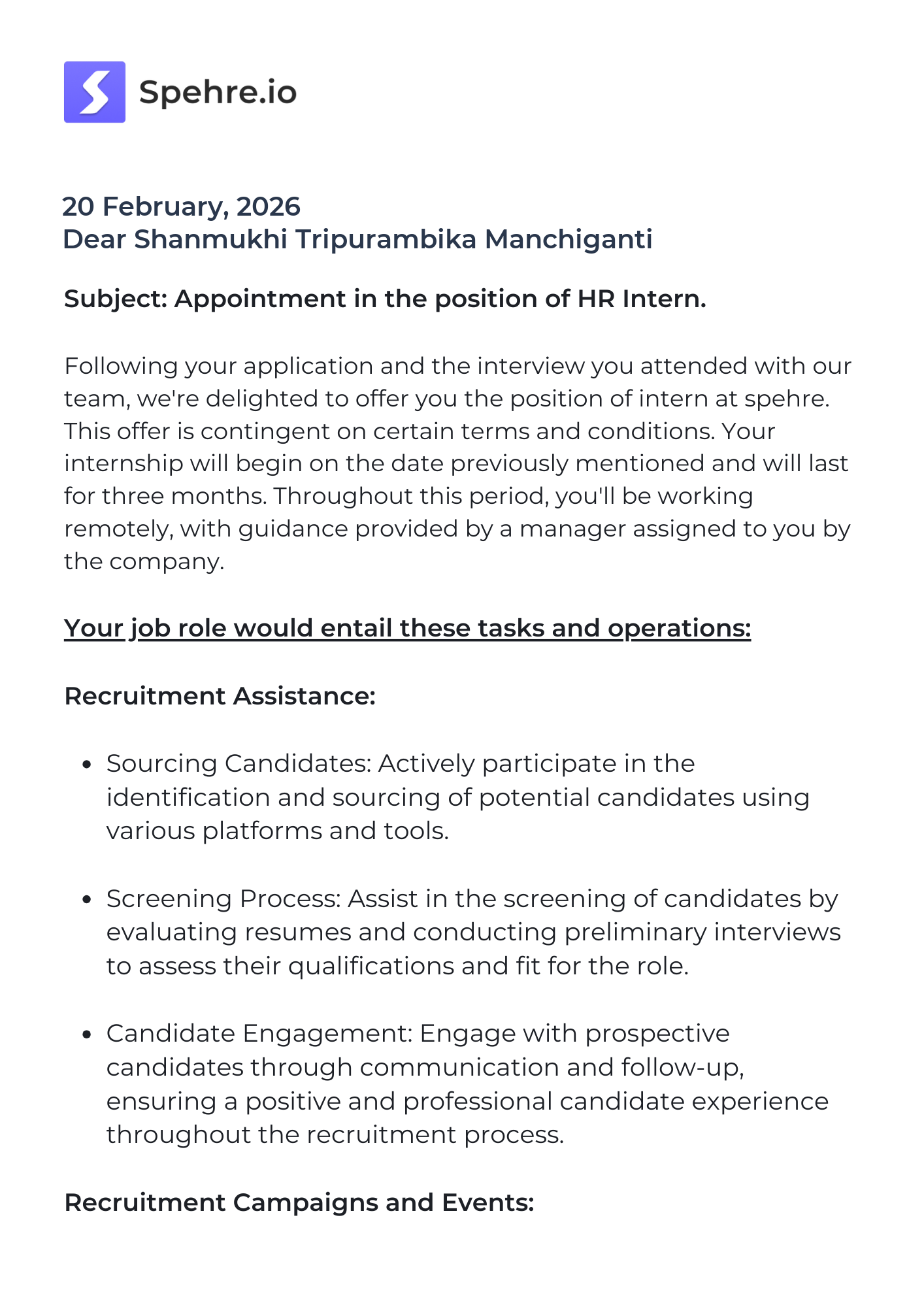 spehre Offer Letter Page 1