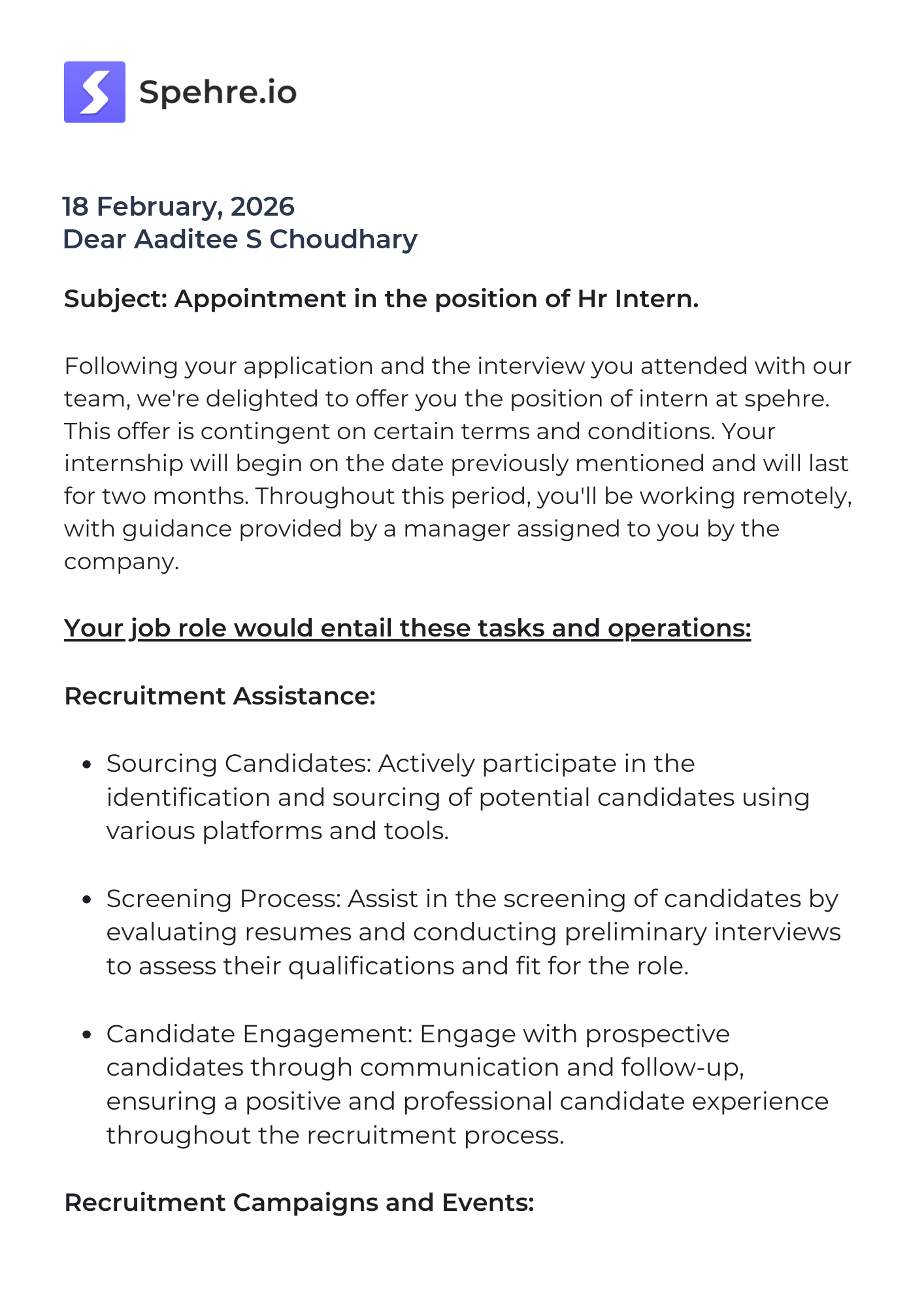 spehre Offer Letter Page 1