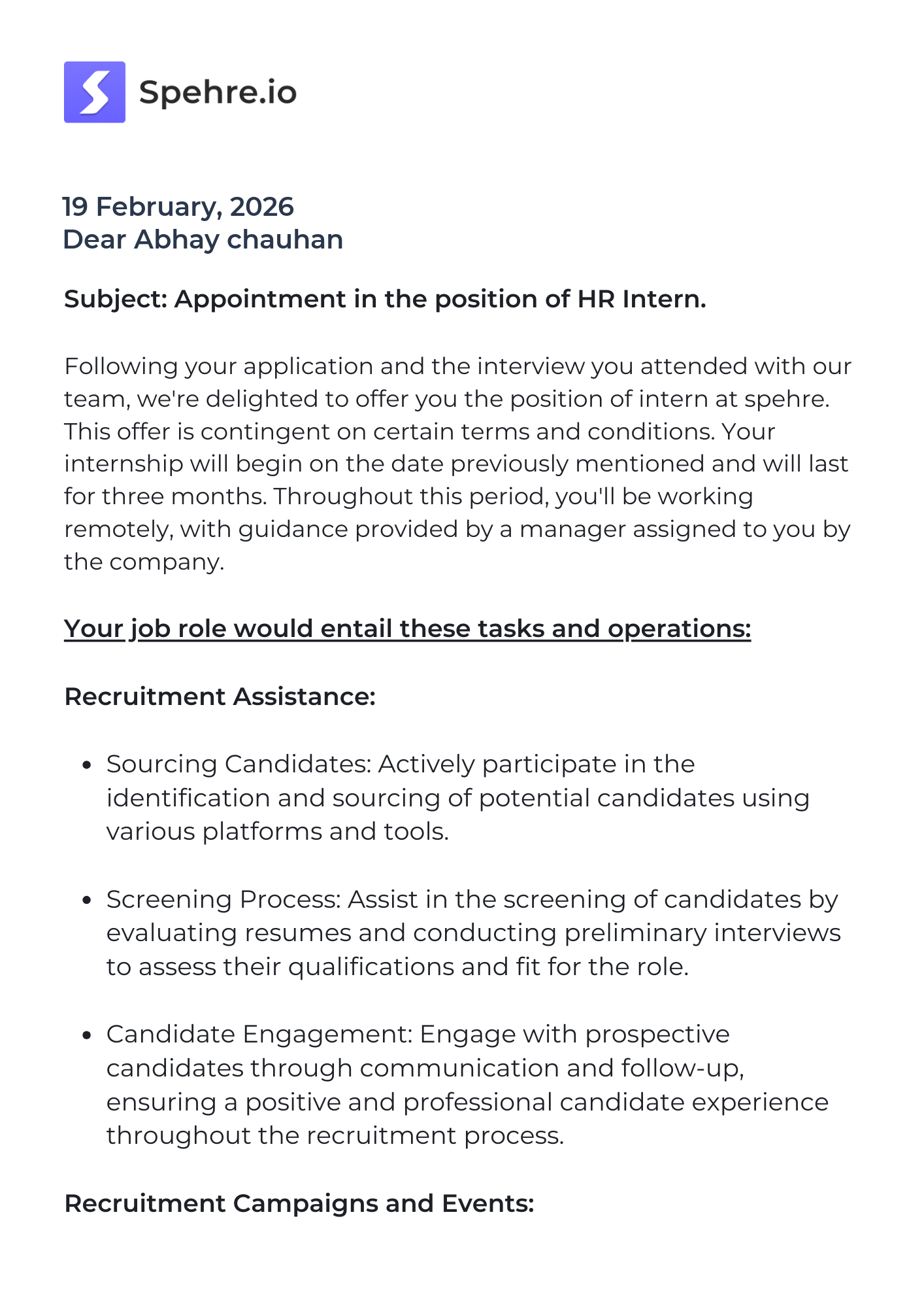 spehre Offer Letter Page 1