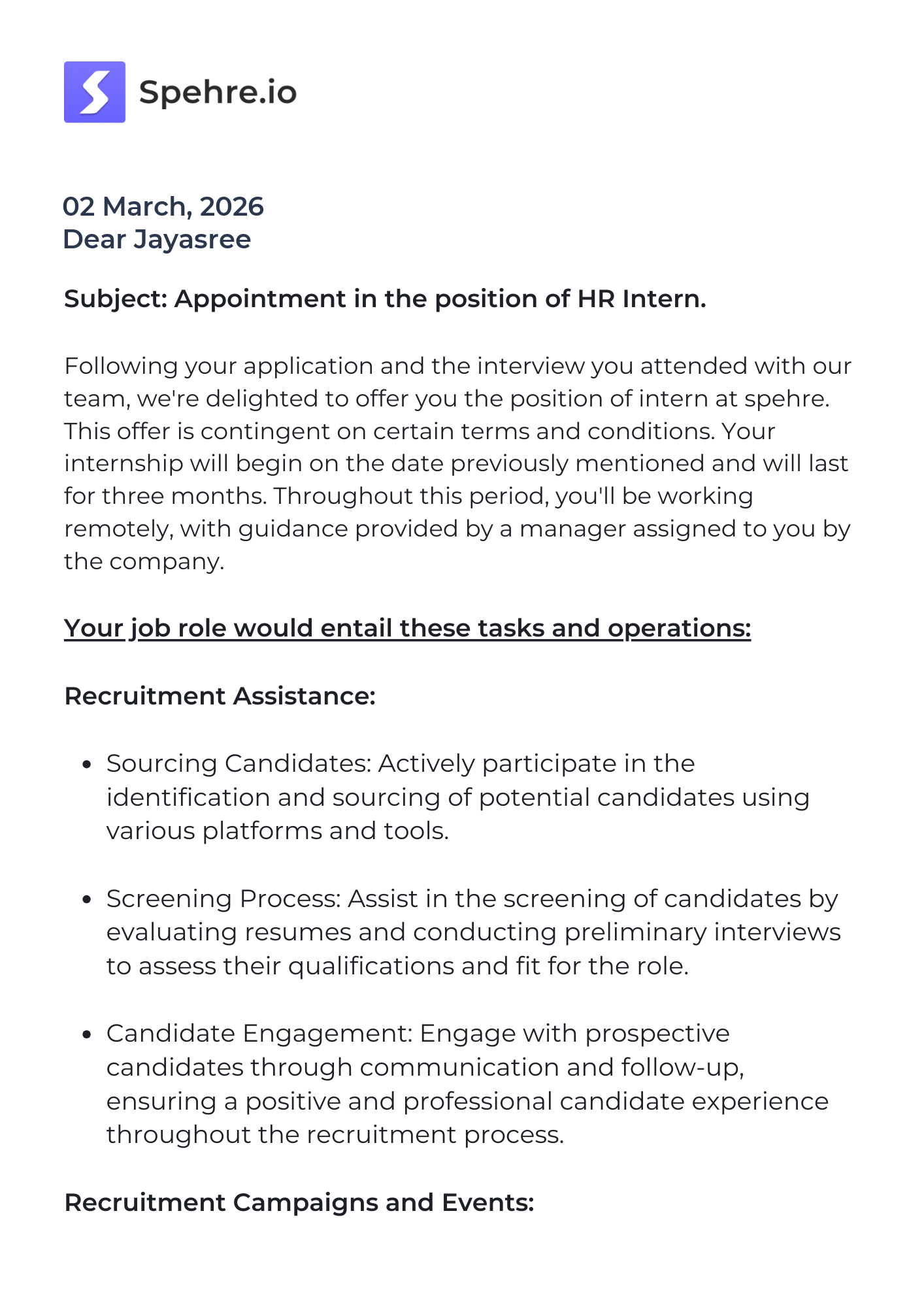 spehre Offer Letter Page 1