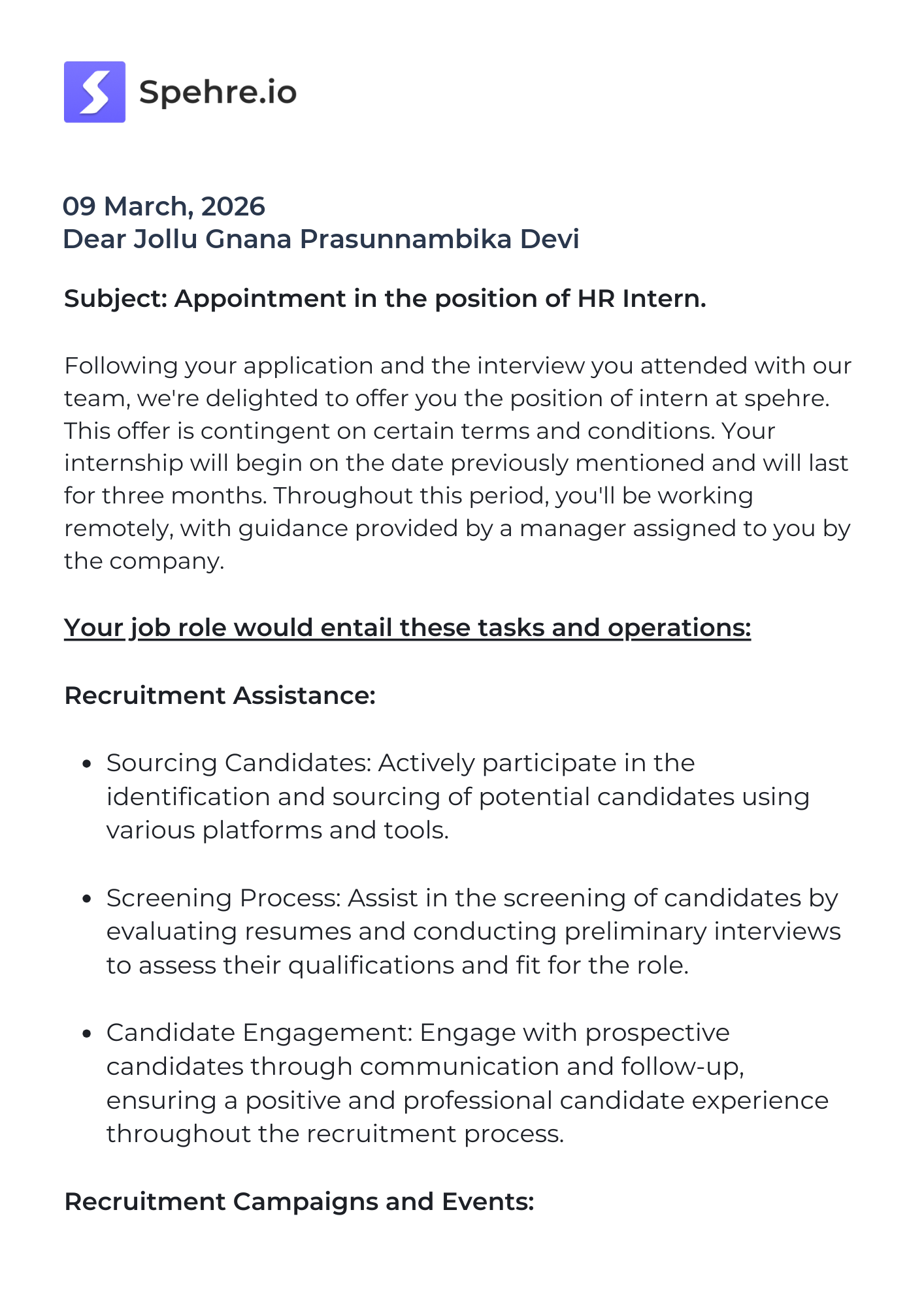 spehre Offer Letter Page 1