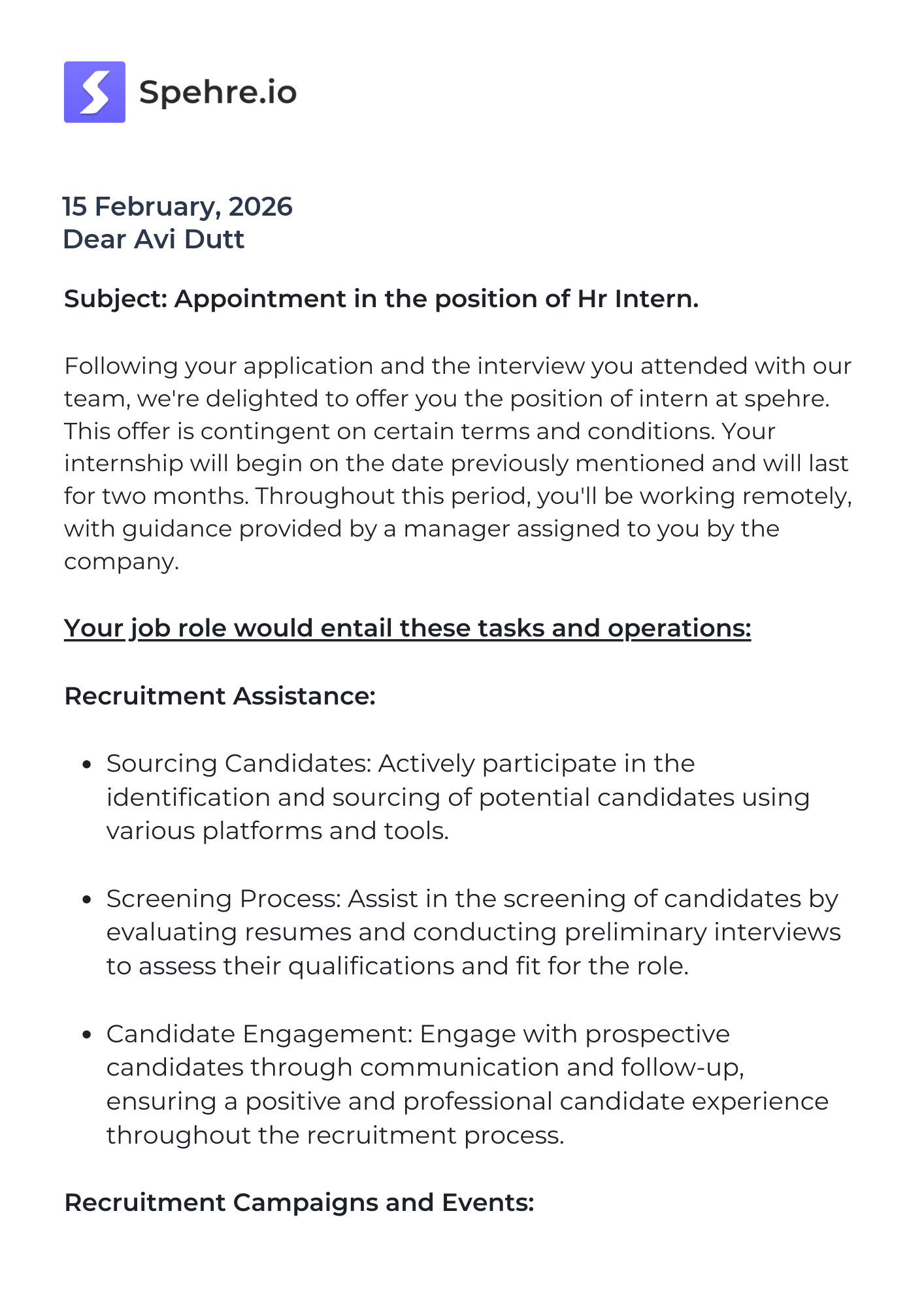 spehre Offer Letter Page 1