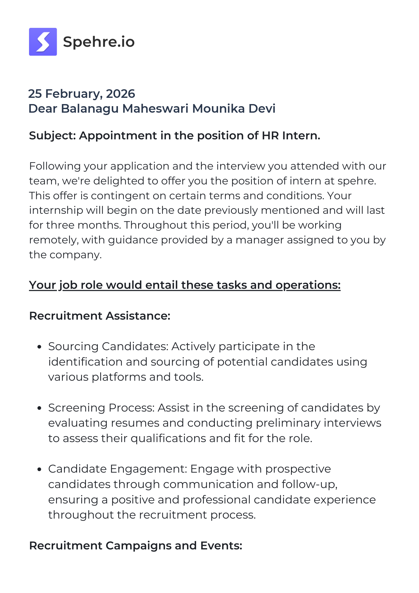 spehre Offer Letter Page 1