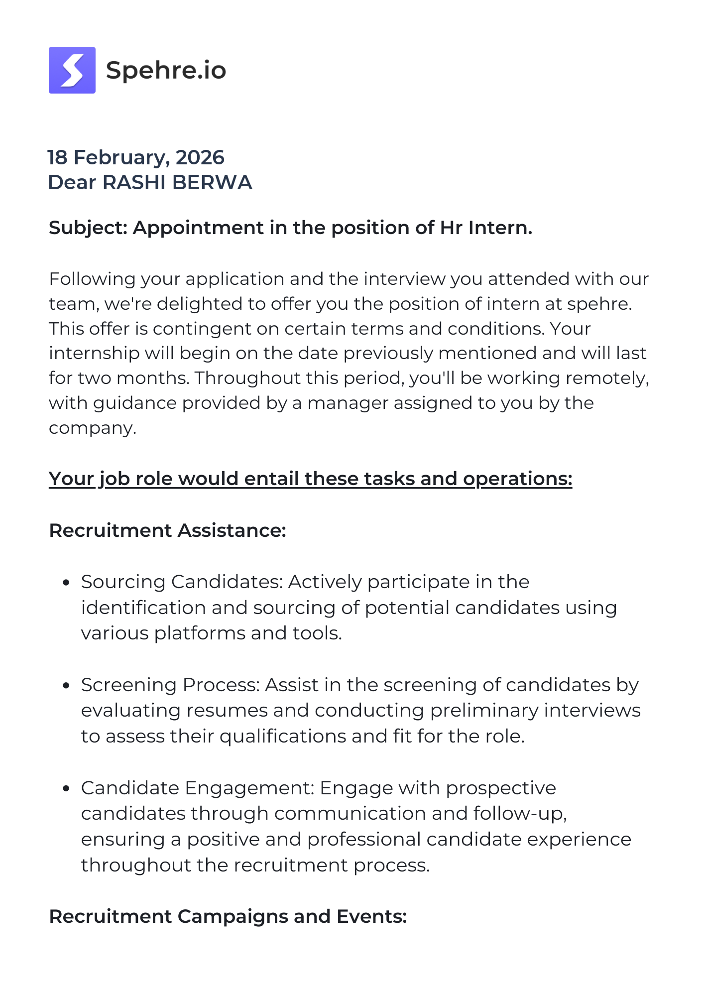 spehre Offer Letter Page 1