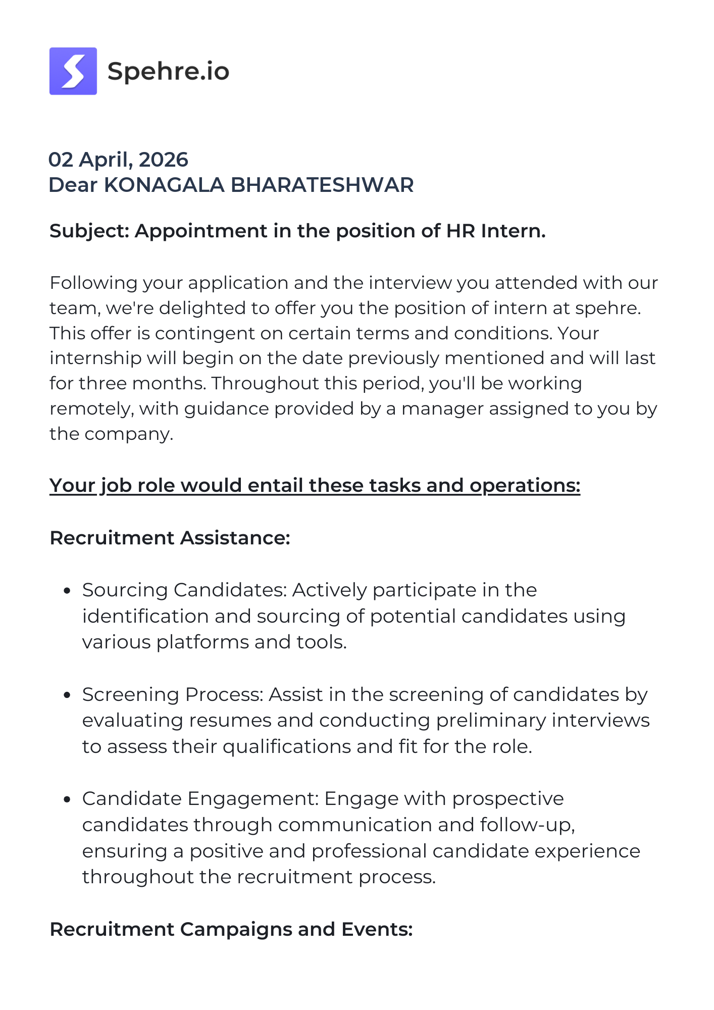 spehre Offer Letter Page 1