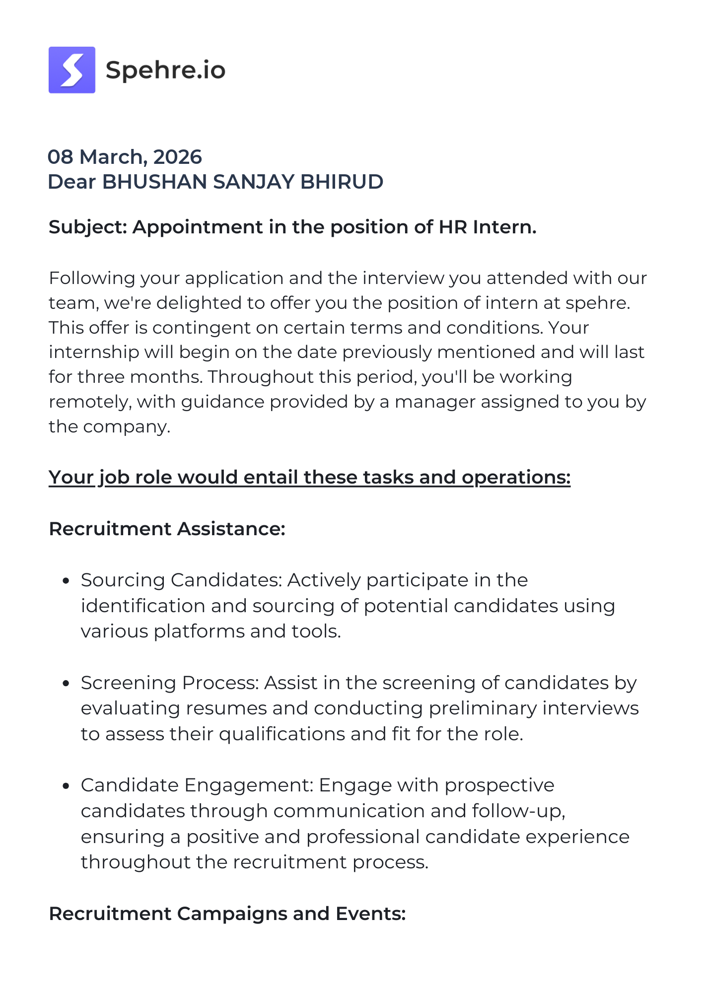 spehre Offer Letter Page 1