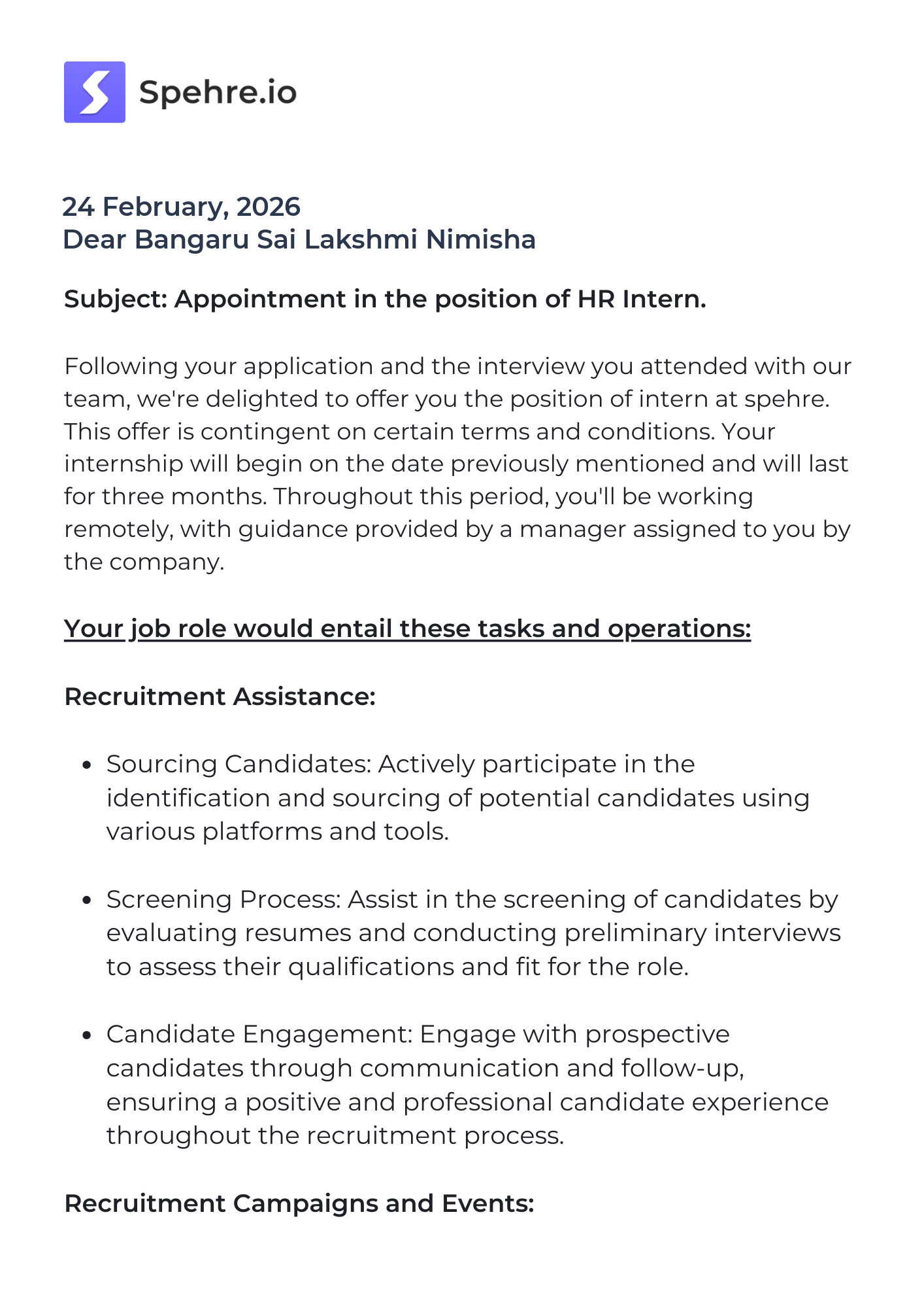 spehre Offer Letter Page 1