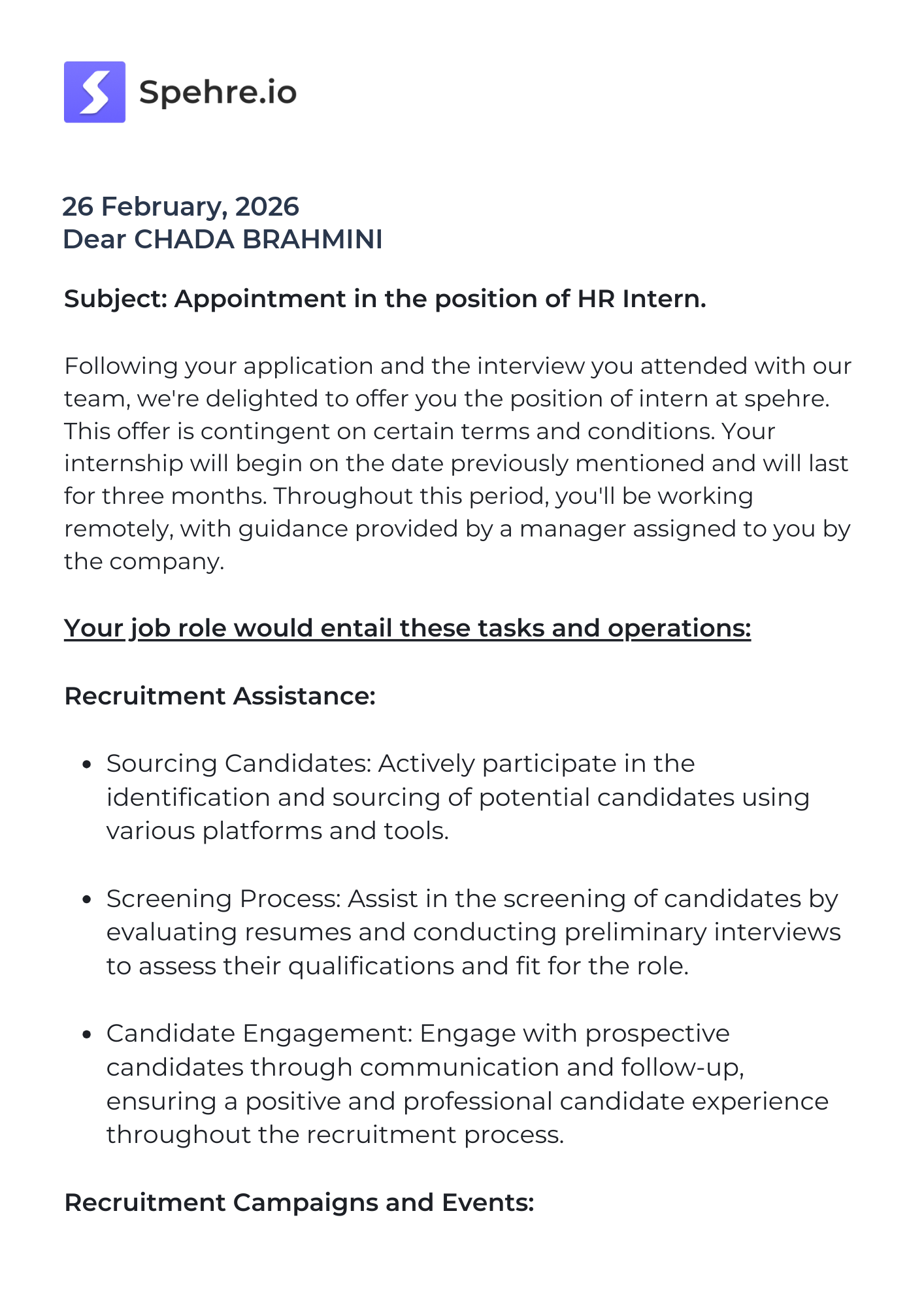 spehre Offer Letter Page 1