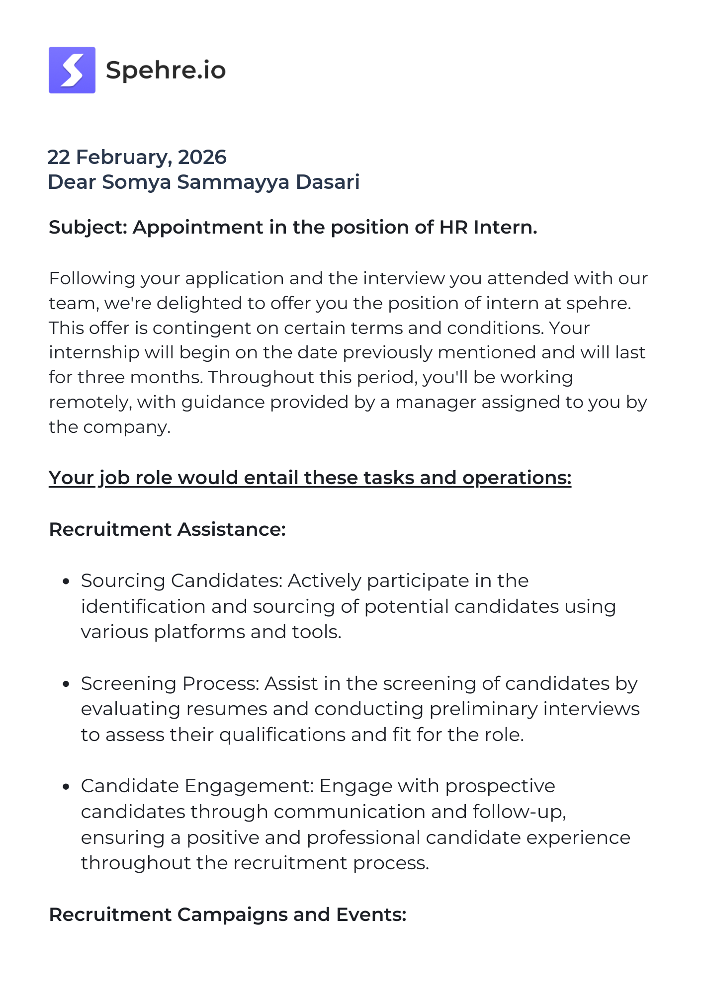 spehre Offer Letter Page 1