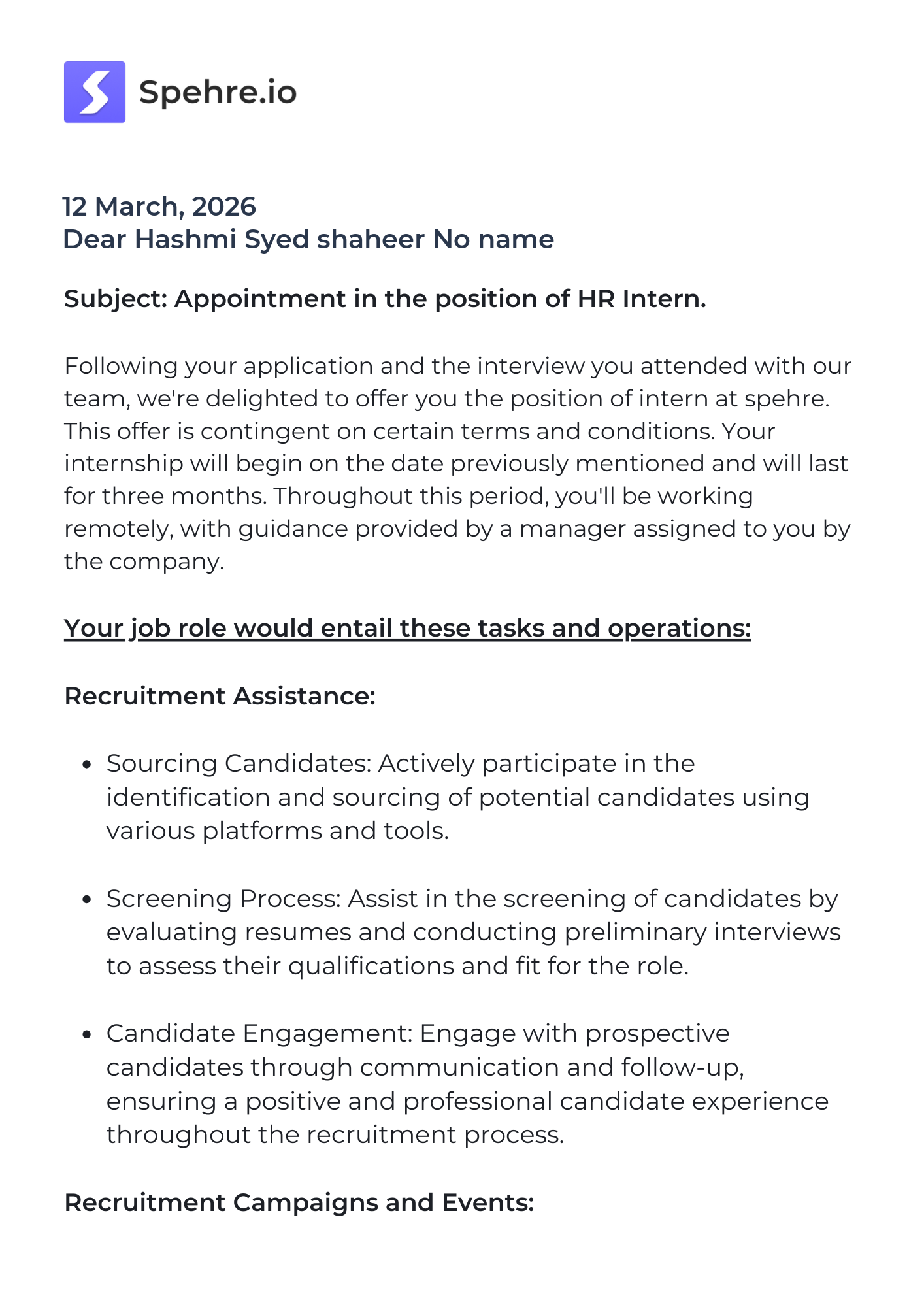 spehre Offer Letter Page 1