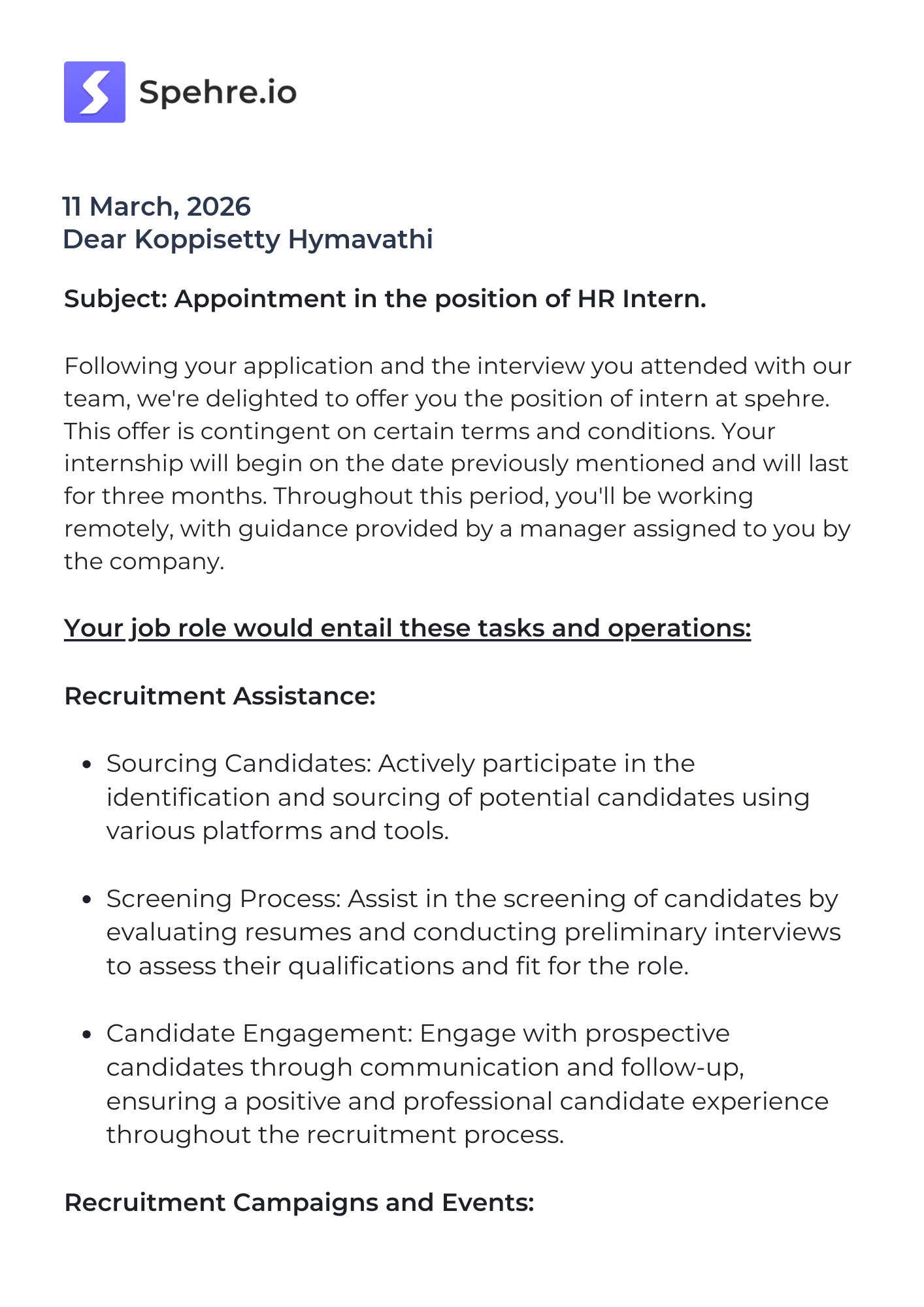 spehre Offer Letter Page 1