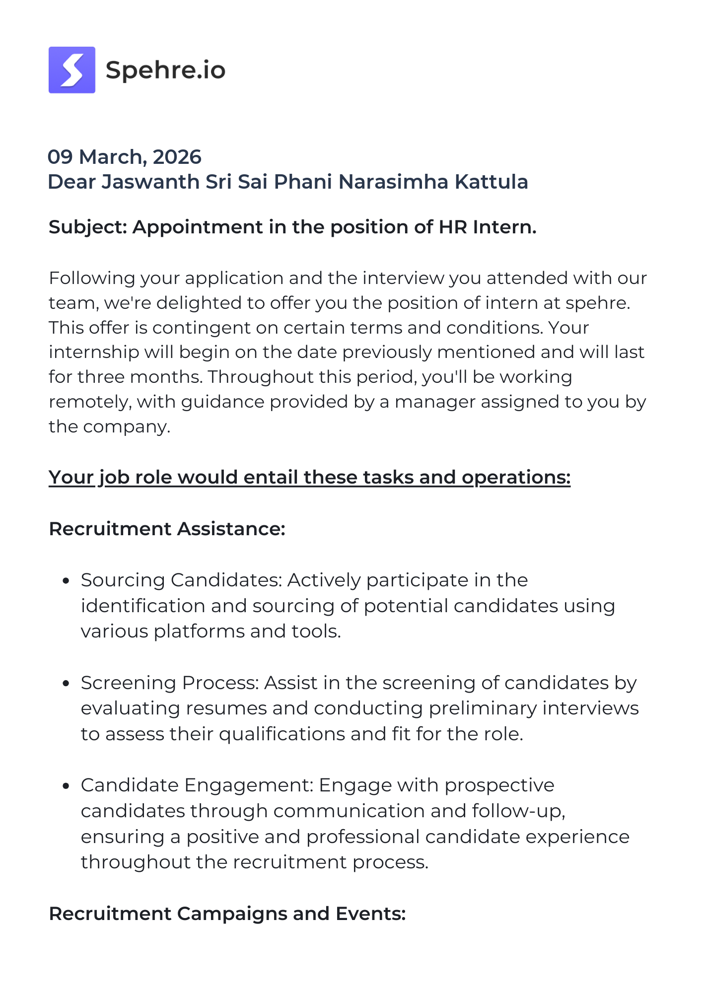 spehre Offer Letter Page 1