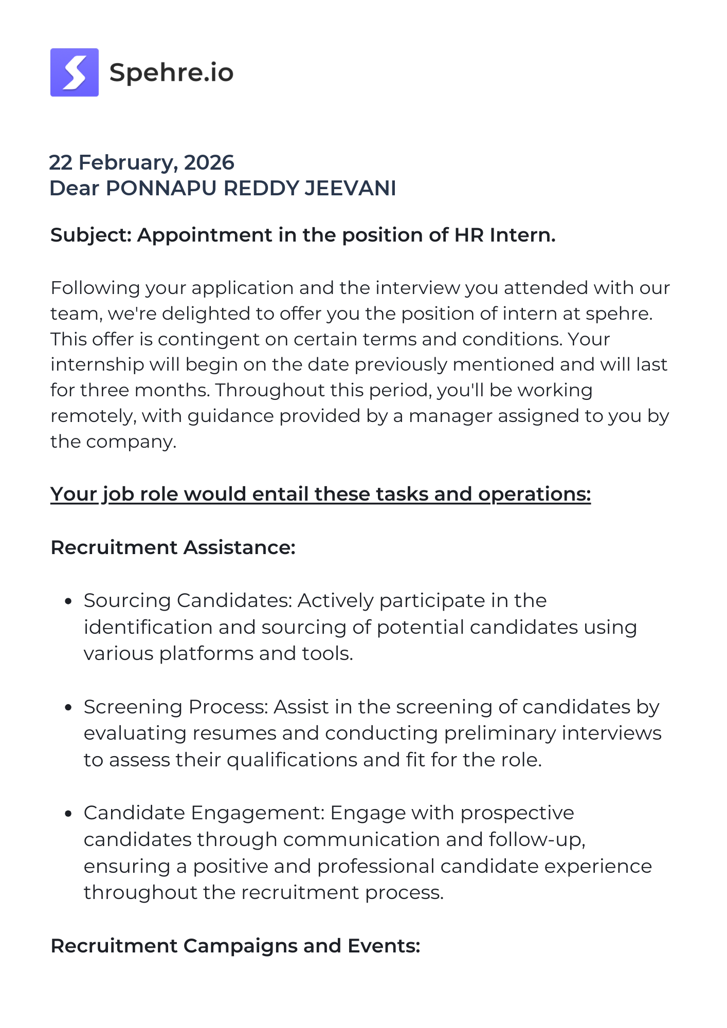 spehre Offer Letter Page 1