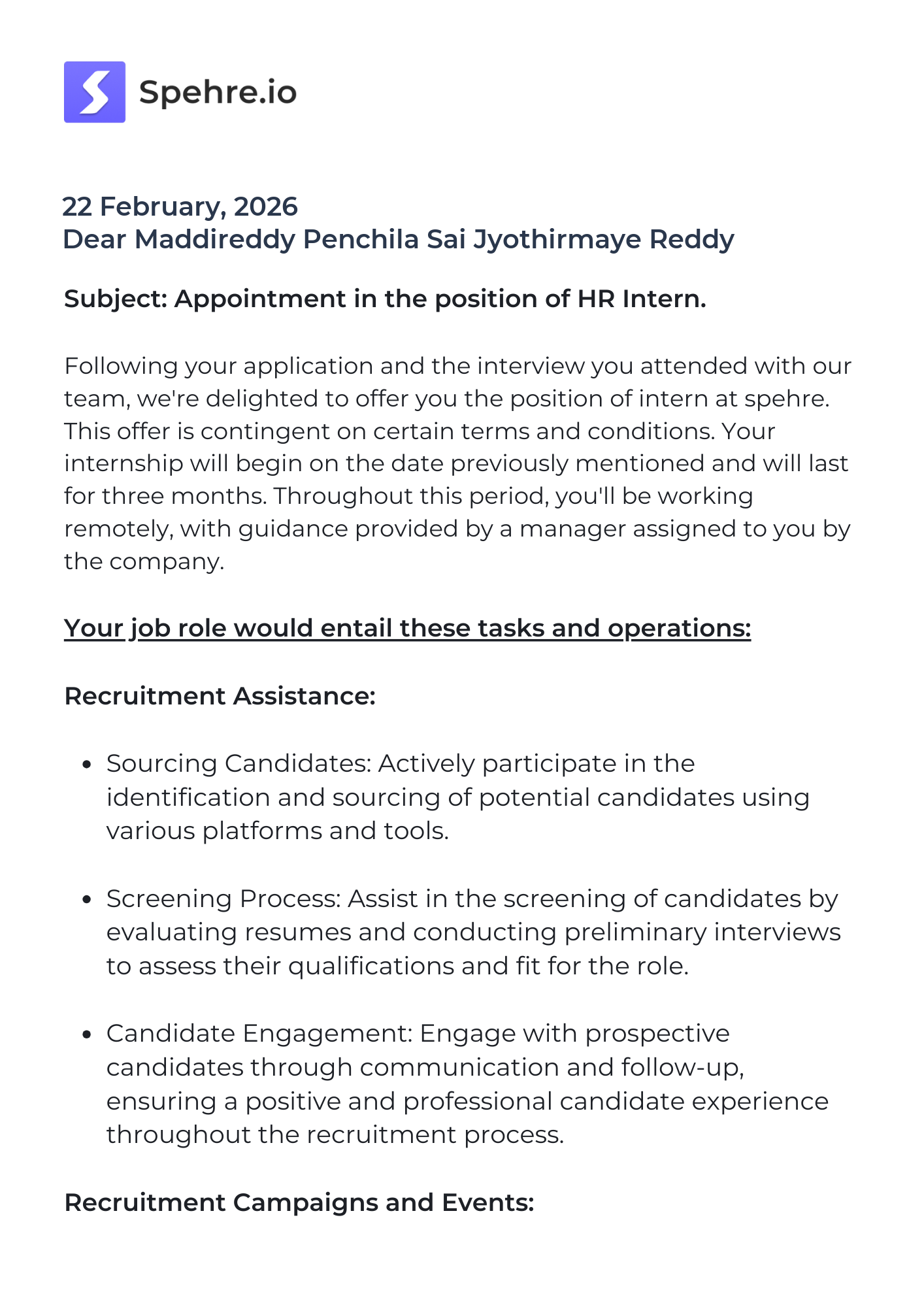 spehre Offer Letter Page 1