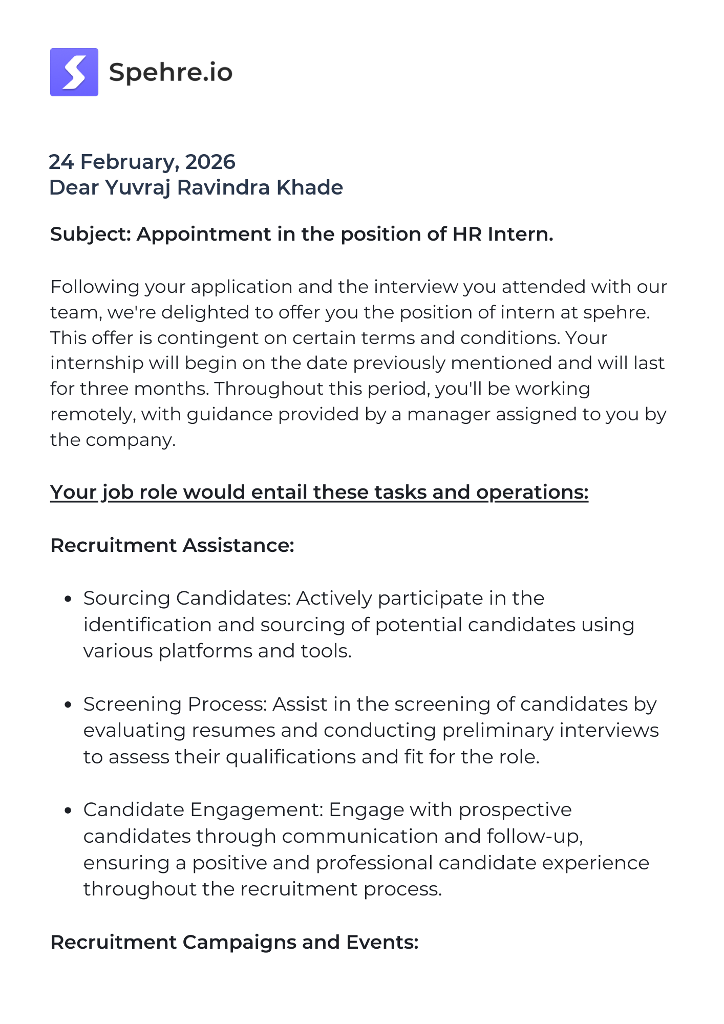 spehre Offer Letter Page 1