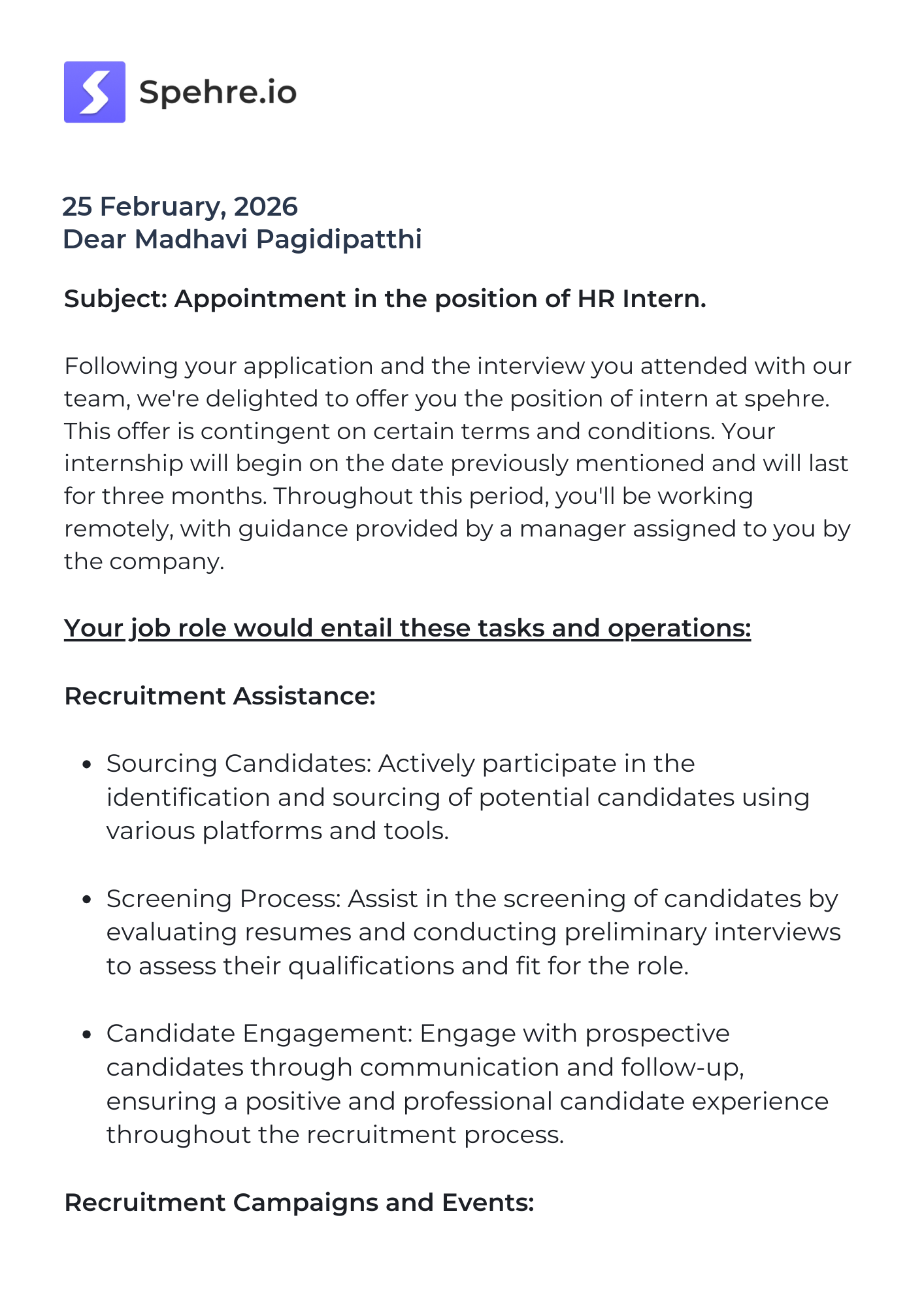 spehre Offer Letter Page 1