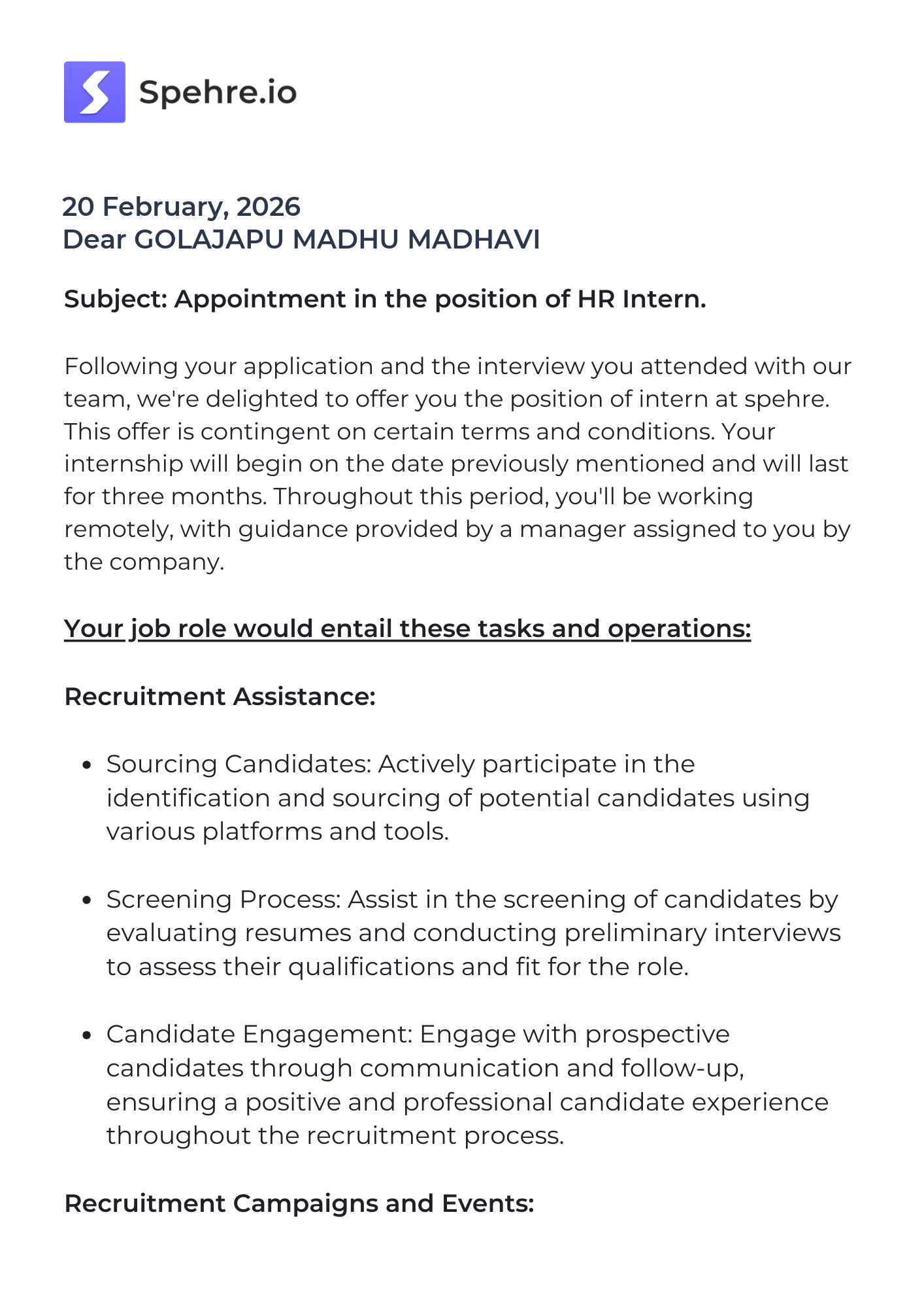 spehre Offer Letter Page 1