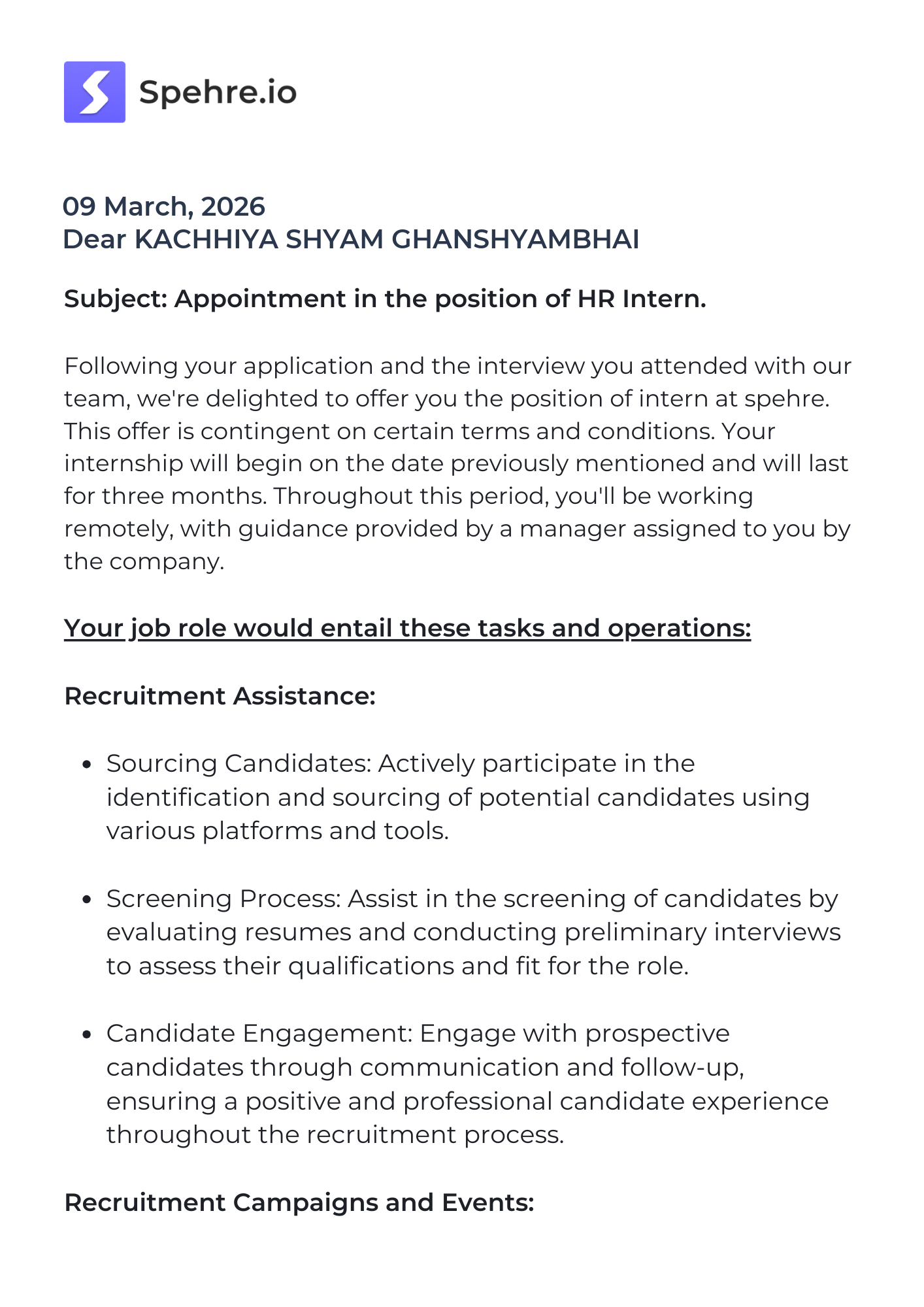 spehre Offer Letter Page 1