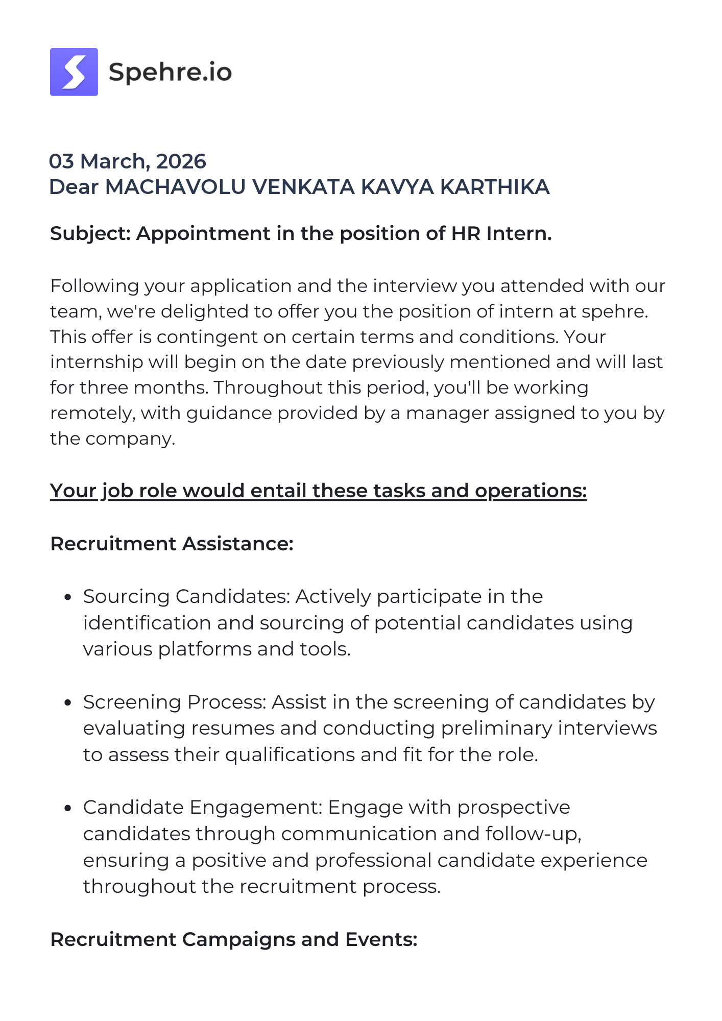 spehre Offer Letter Page 1