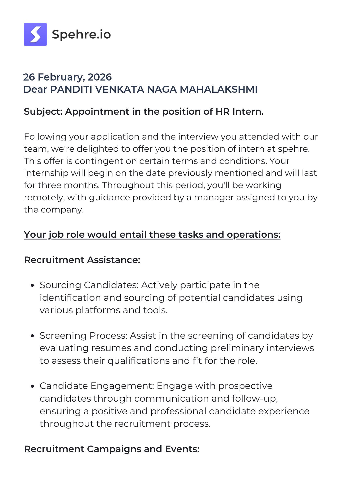 spehre Offer Letter Page 1