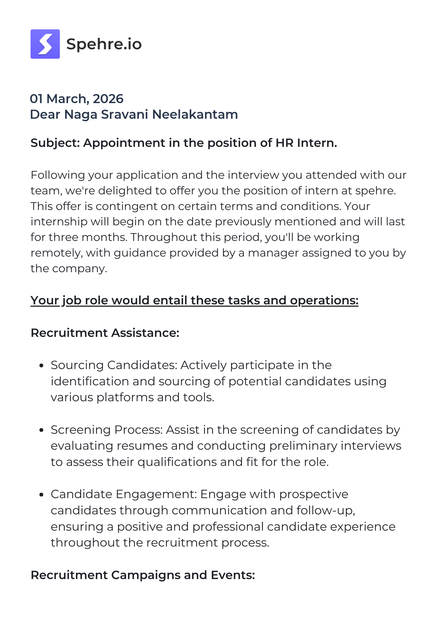 spehre Offer Letter Page 1