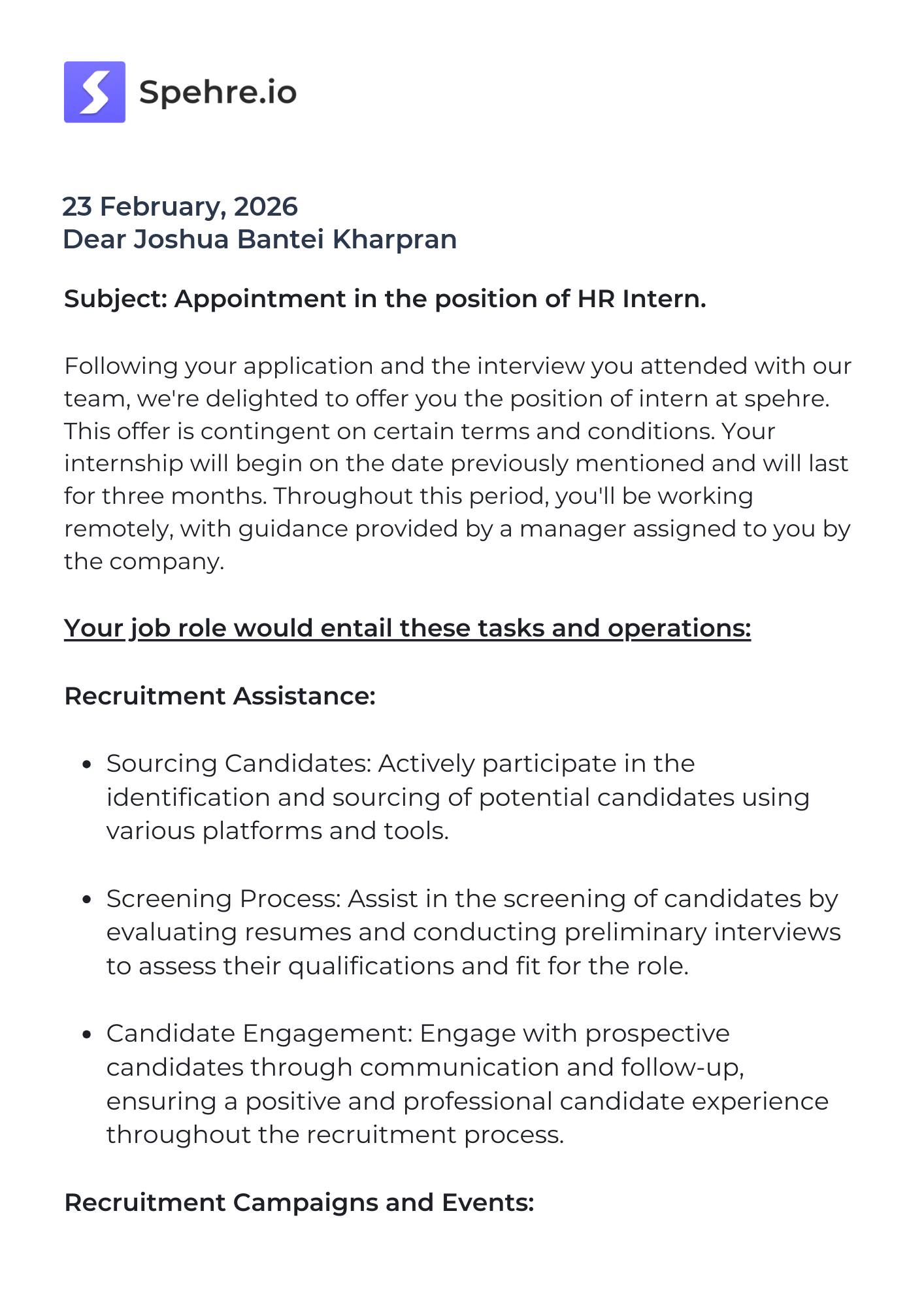 spehre Offer Letter Page 1