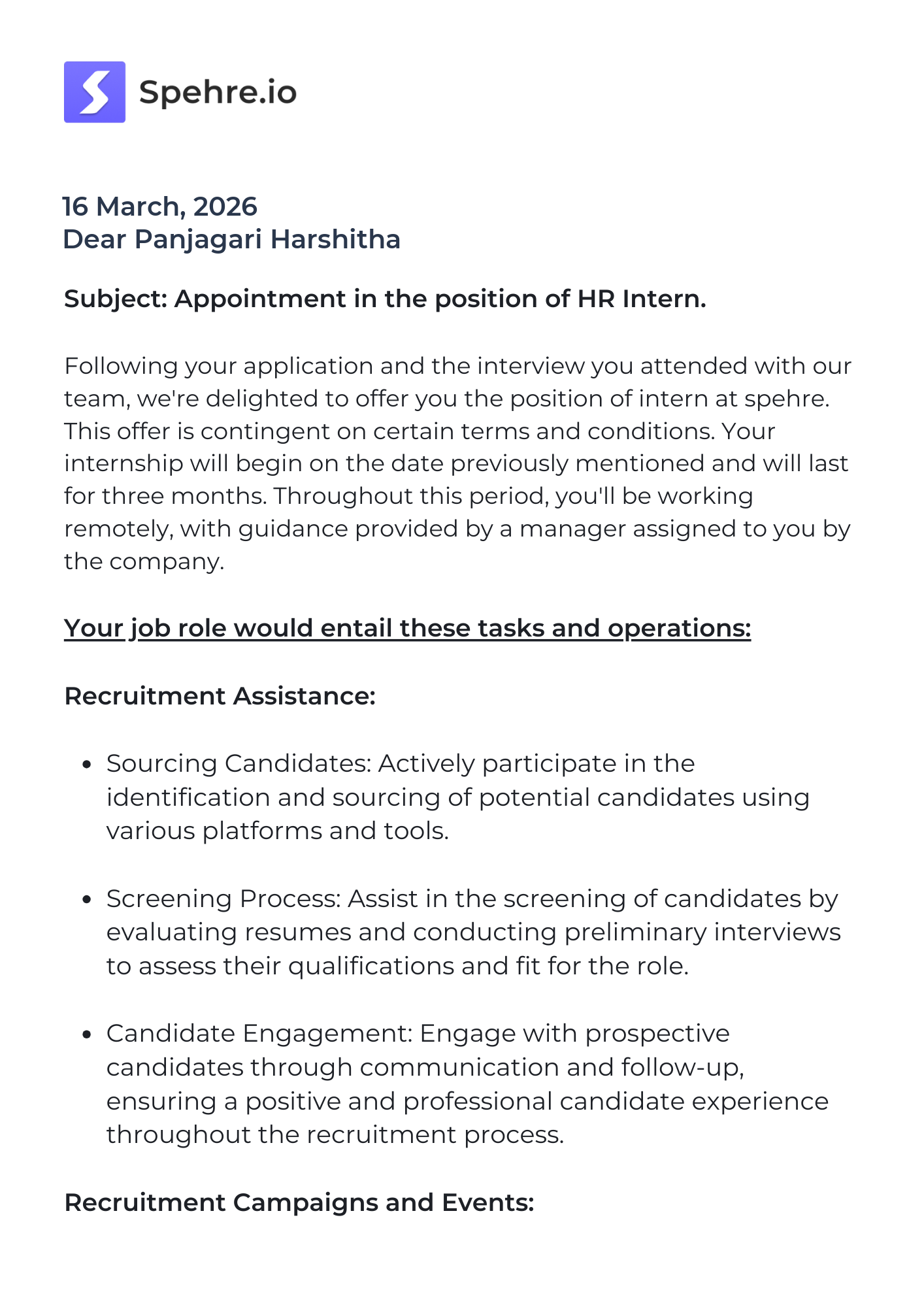 spehre Offer Letter Page 1