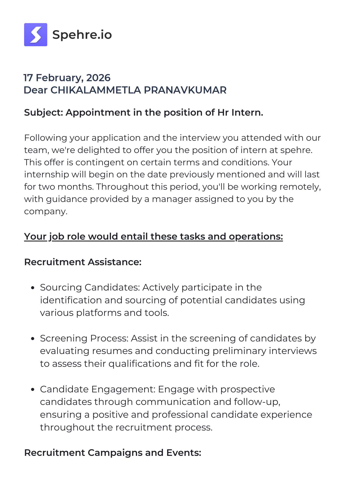 spehre Offer Letter Page 1