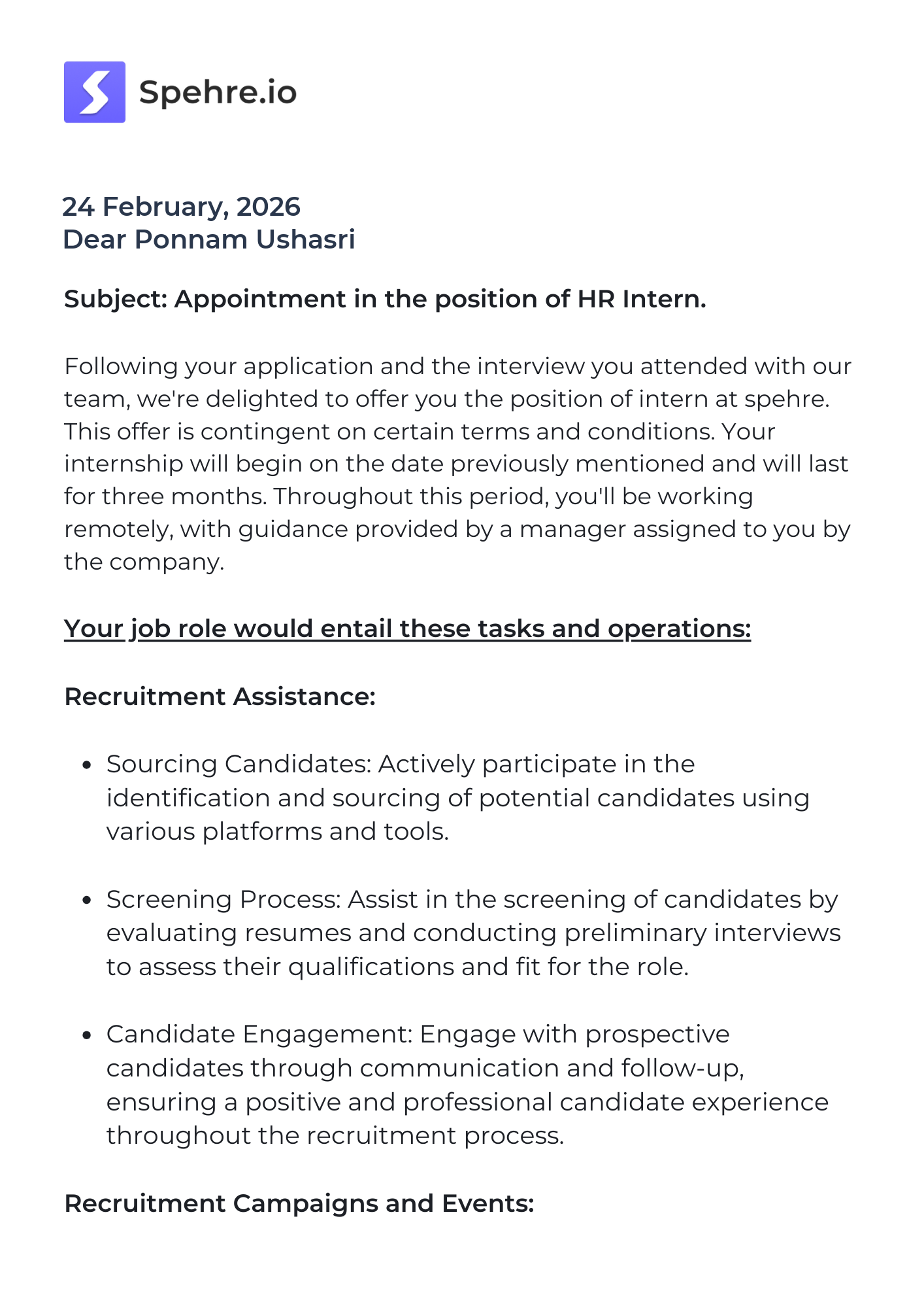 spehre Offer Letter Page 1