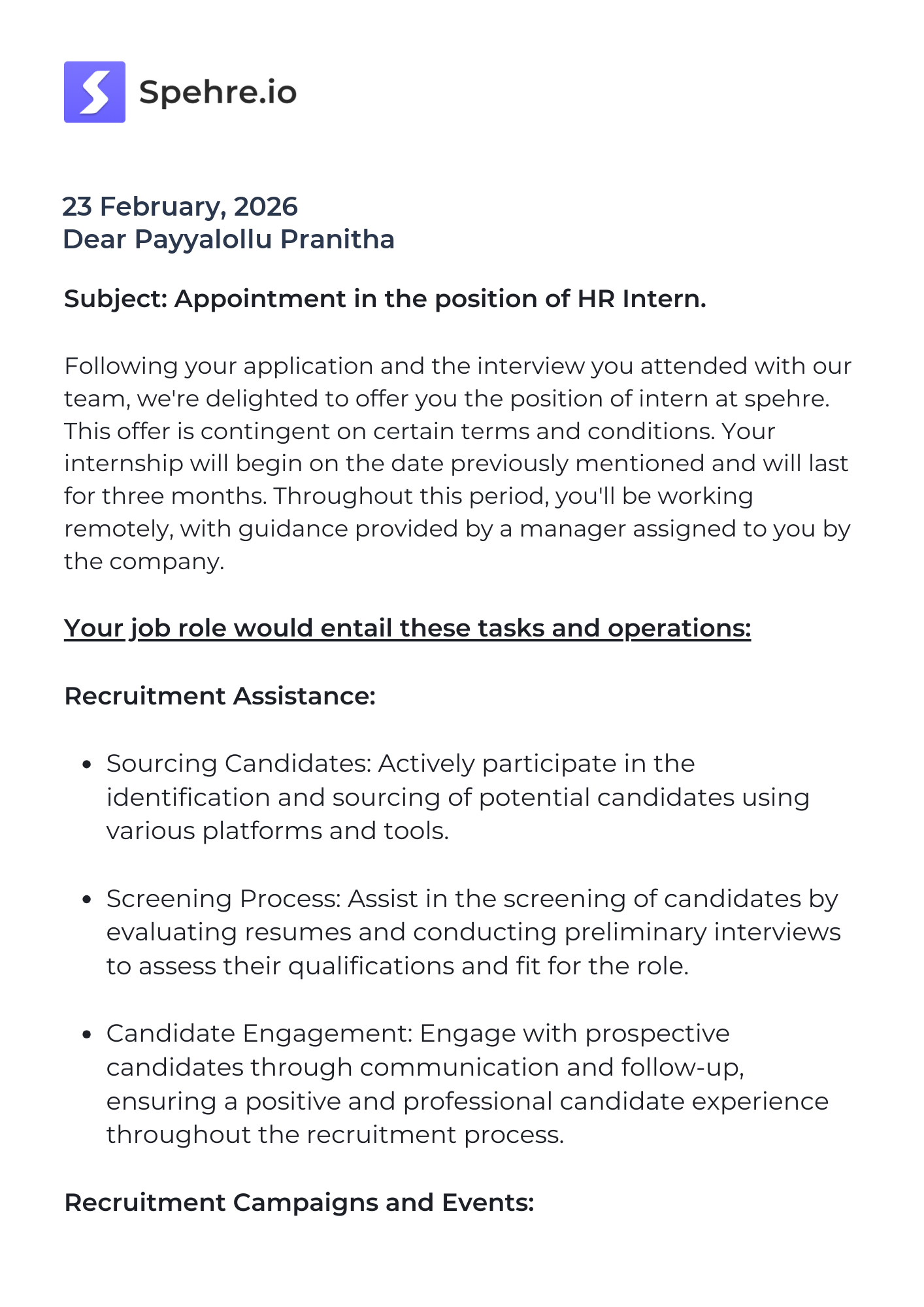 spehre Offer Letter Page 1