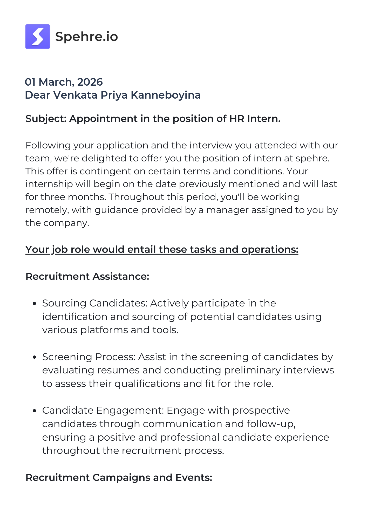 spehre Offer Letter Page 1