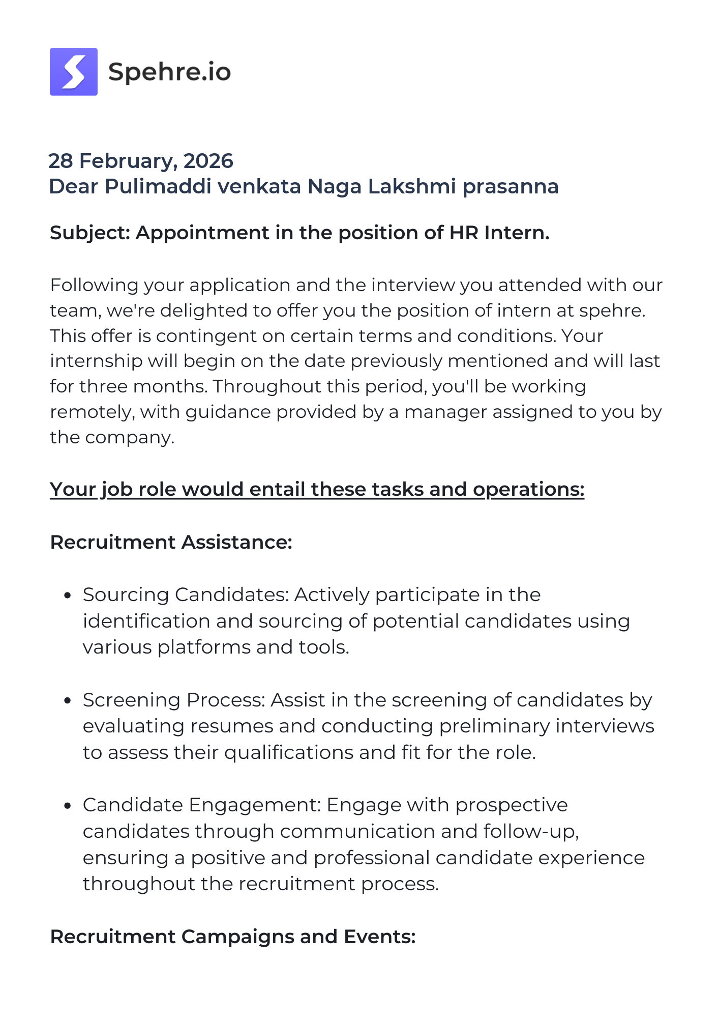 spehre Offer Letter Page 1