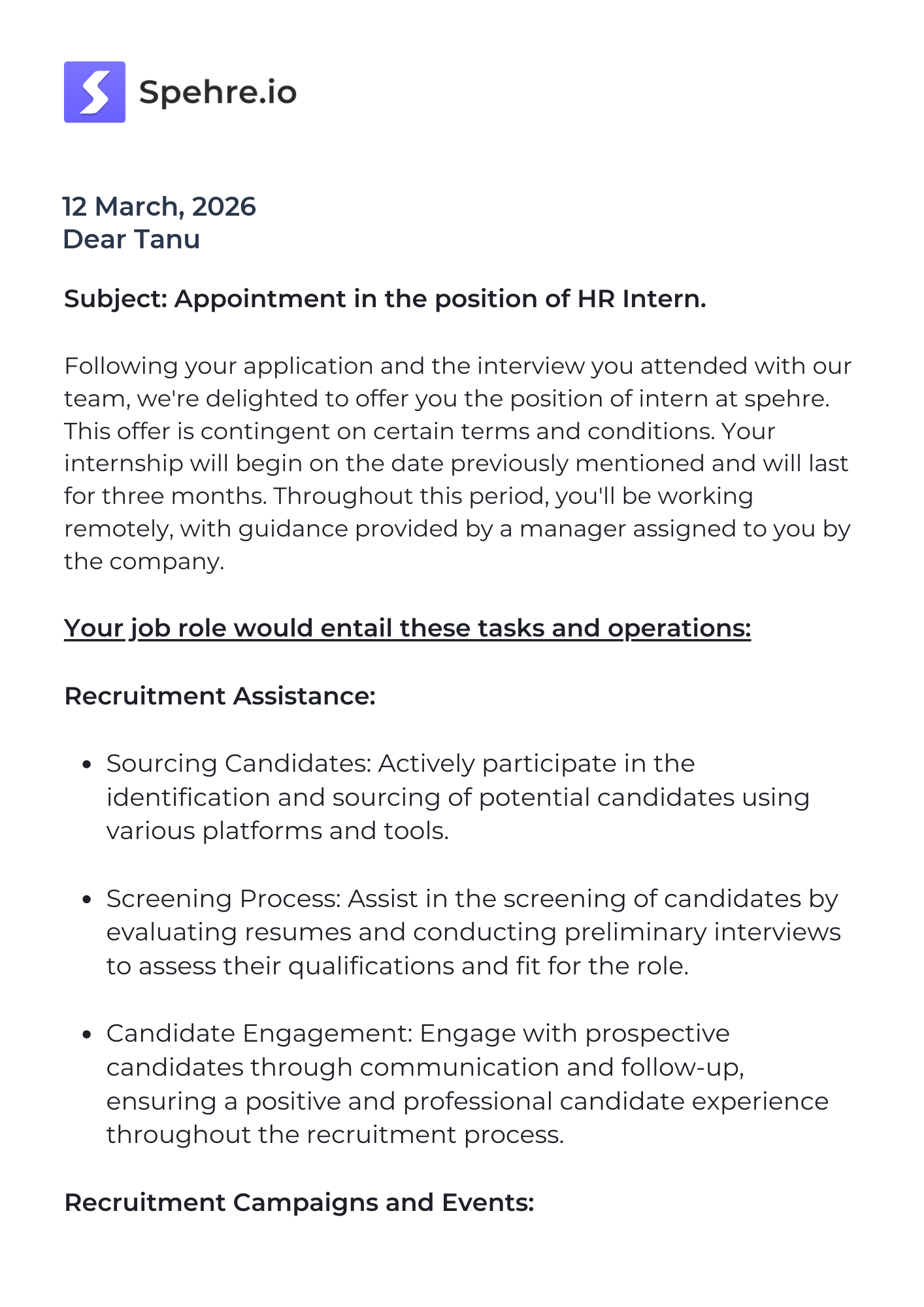 spehre Offer Letter Page 1