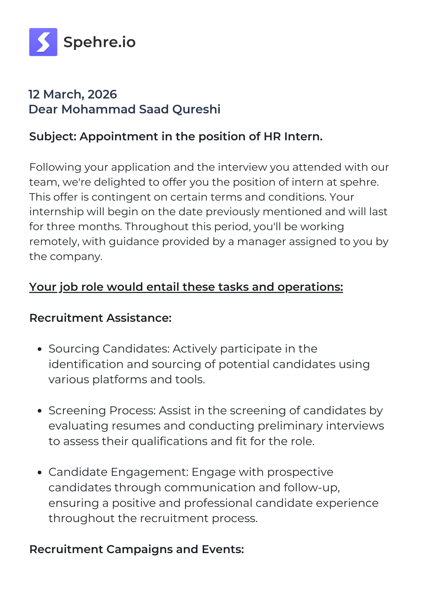 spehre Offer Letter Page 1