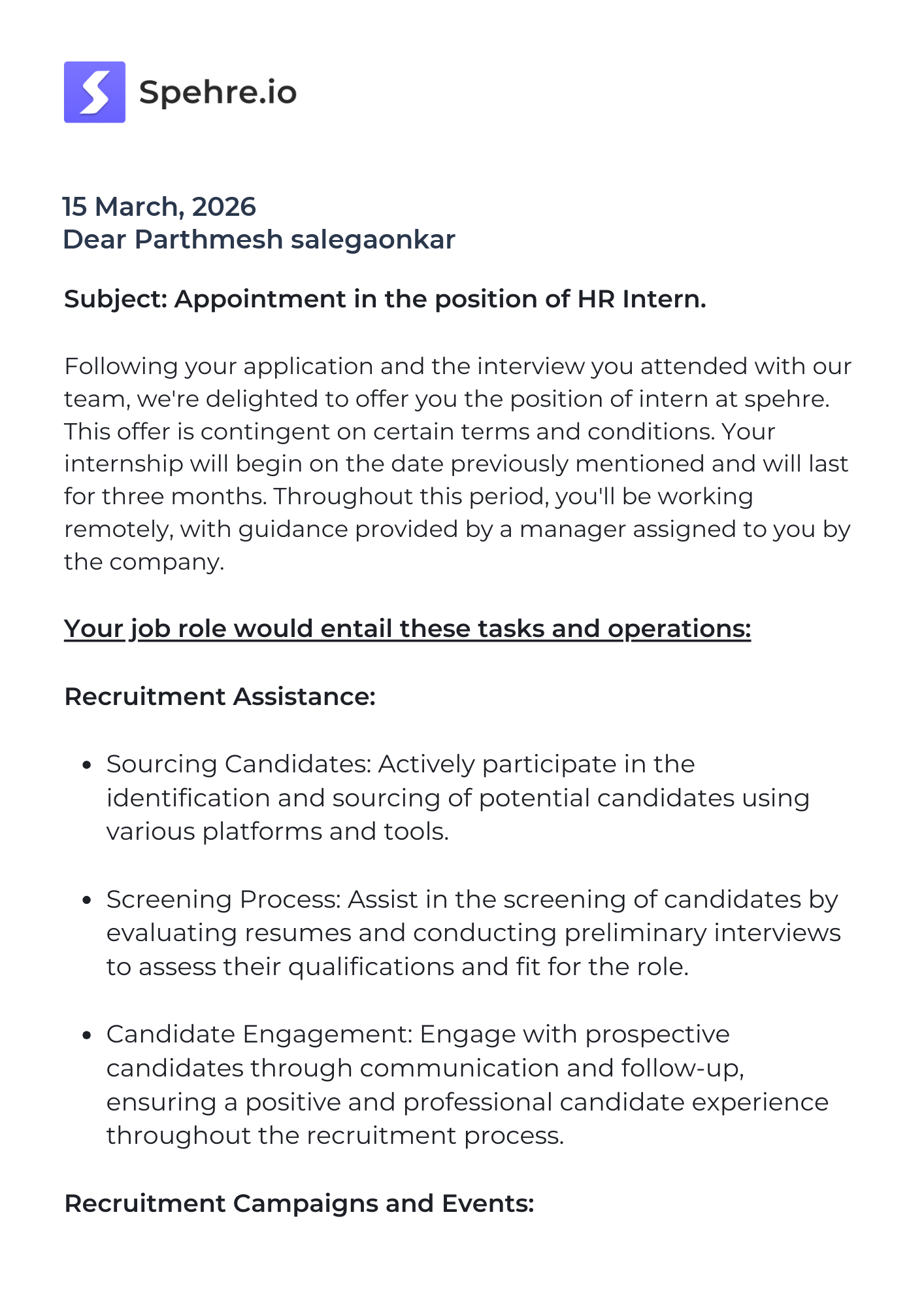 spehre Offer Letter Page 1