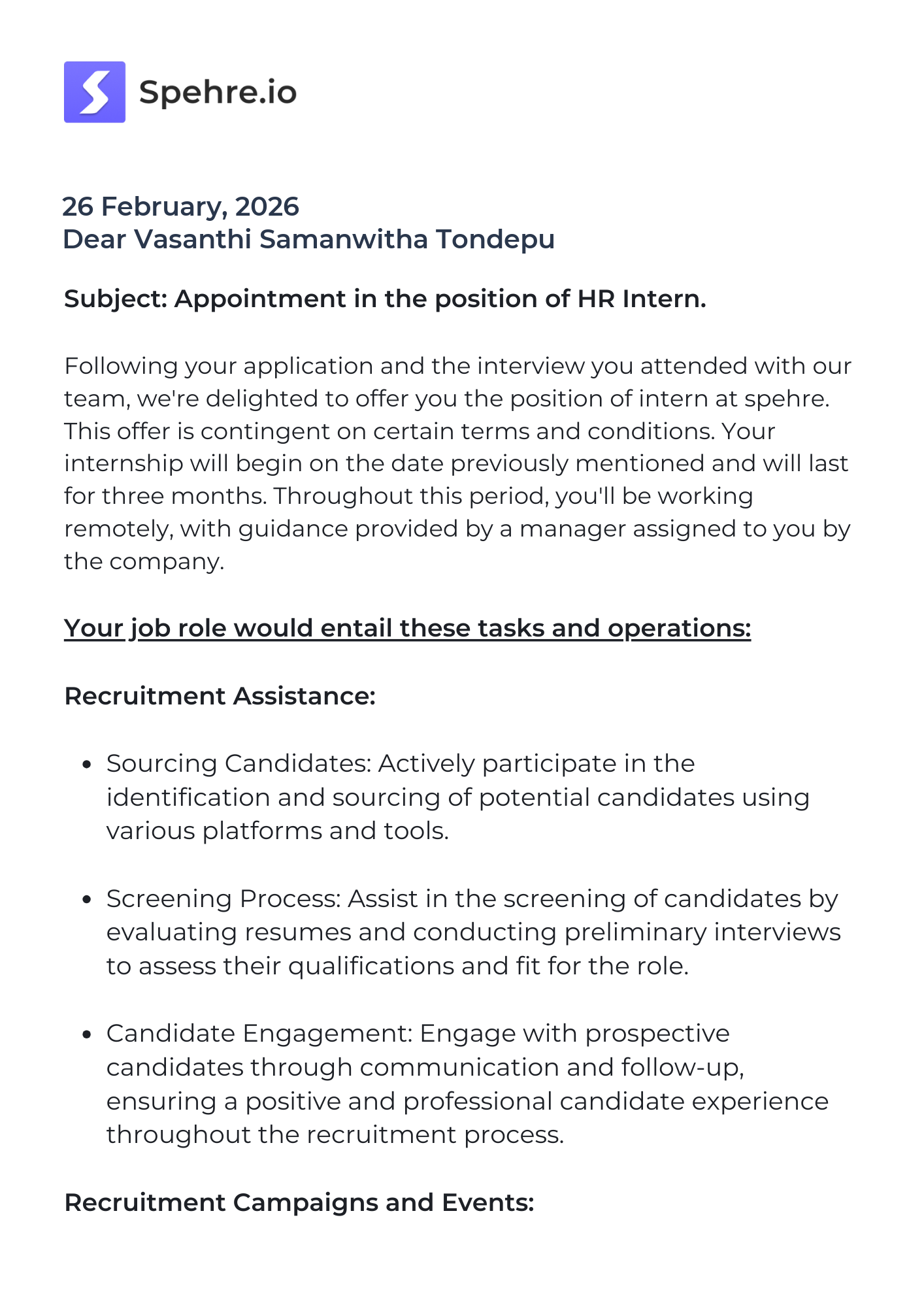 spehre Offer Letter Page 1