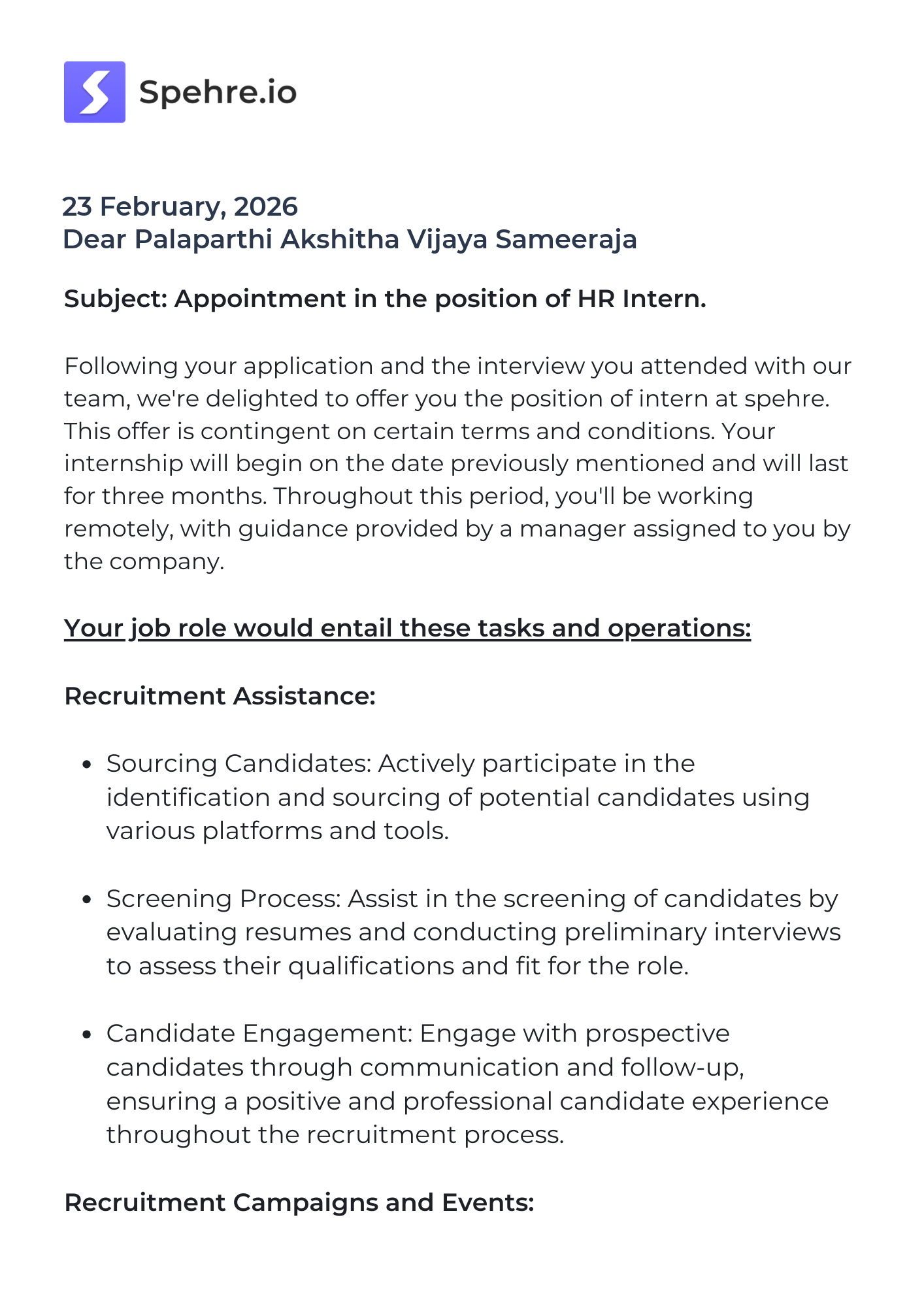 spehre Offer Letter Page 1