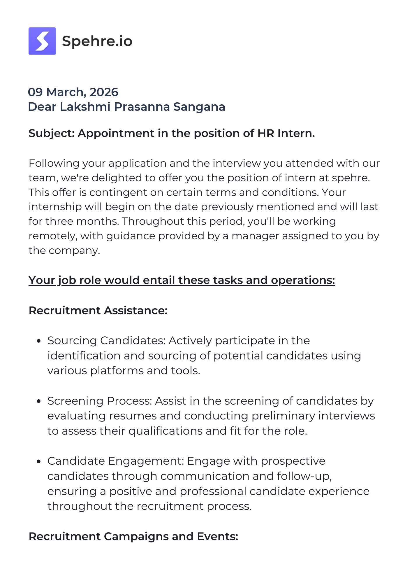 spehre Offer Letter Page 1