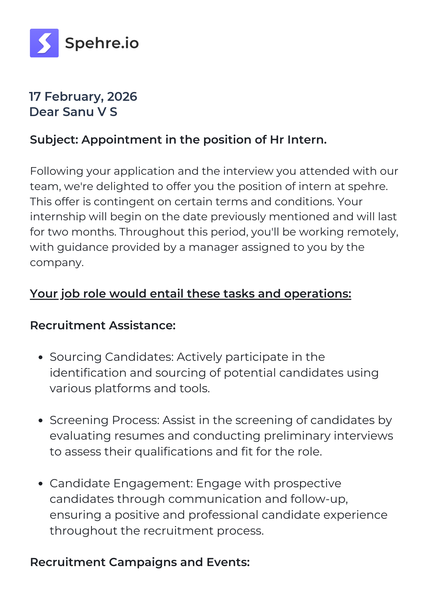 spehre Offer Letter Page 1