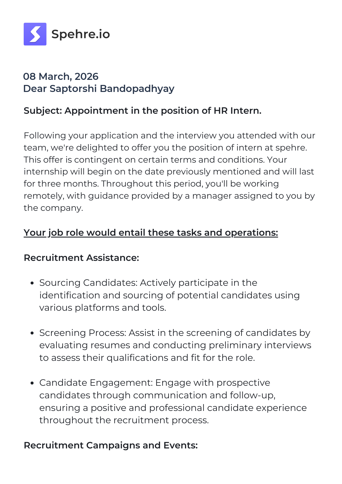 spehre Offer Letter Page 1