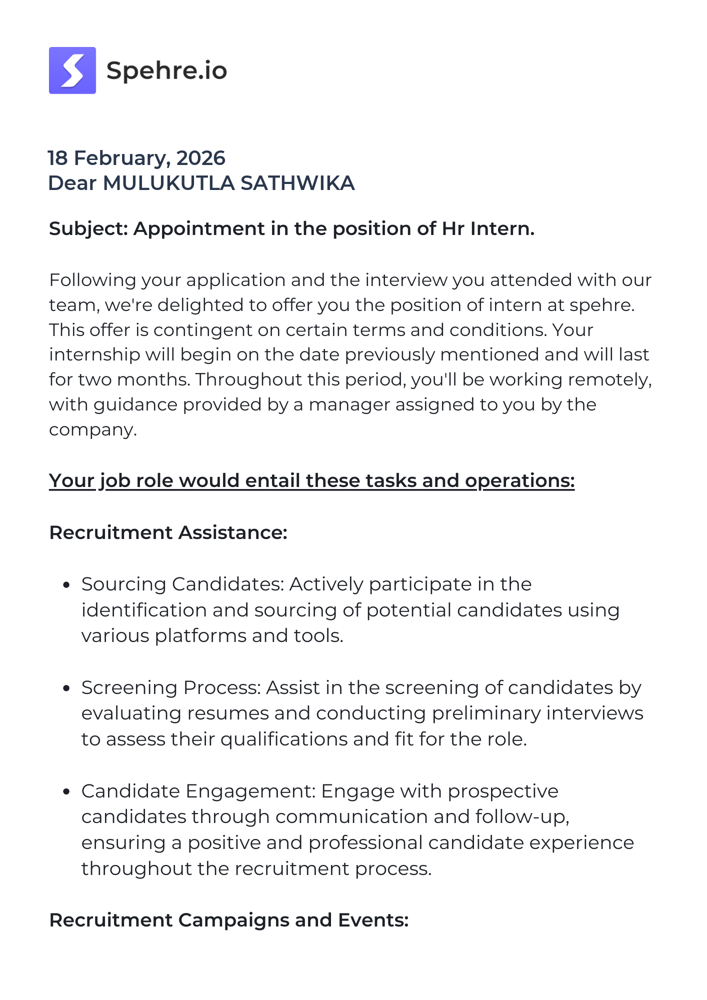 spehre Offer Letter Page 1