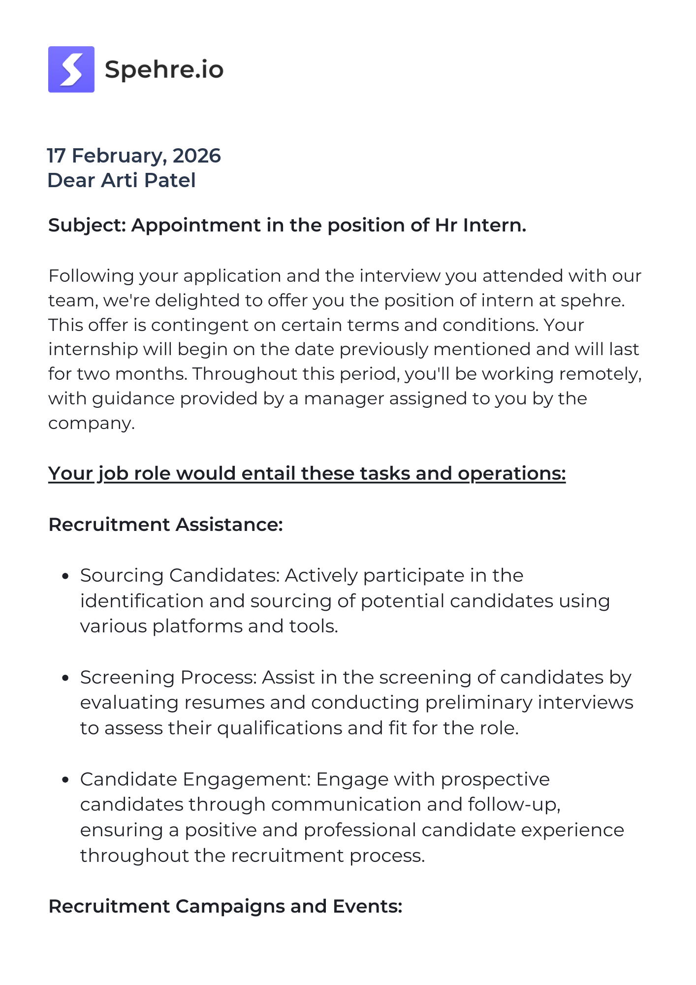 spehre Offer Letter Page 1