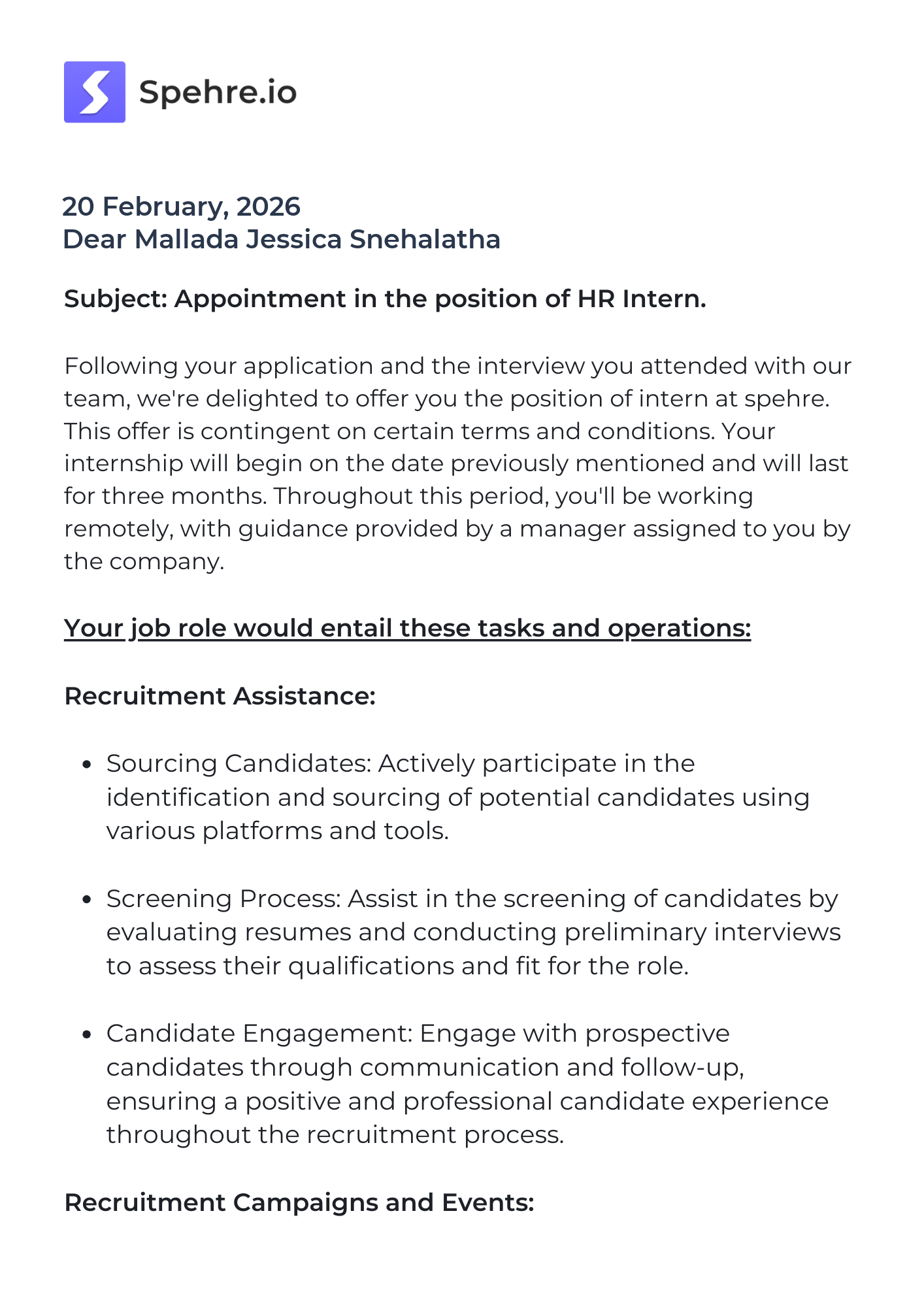 spehre Offer Letter Page 1