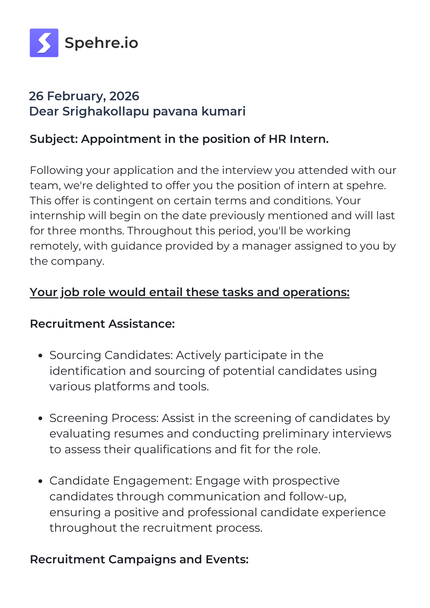 spehre Offer Letter Page 1