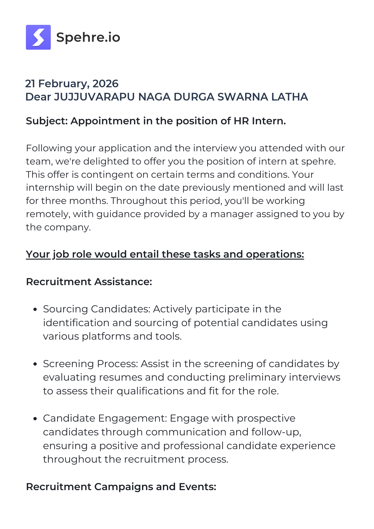 spehre Offer Letter Page 1