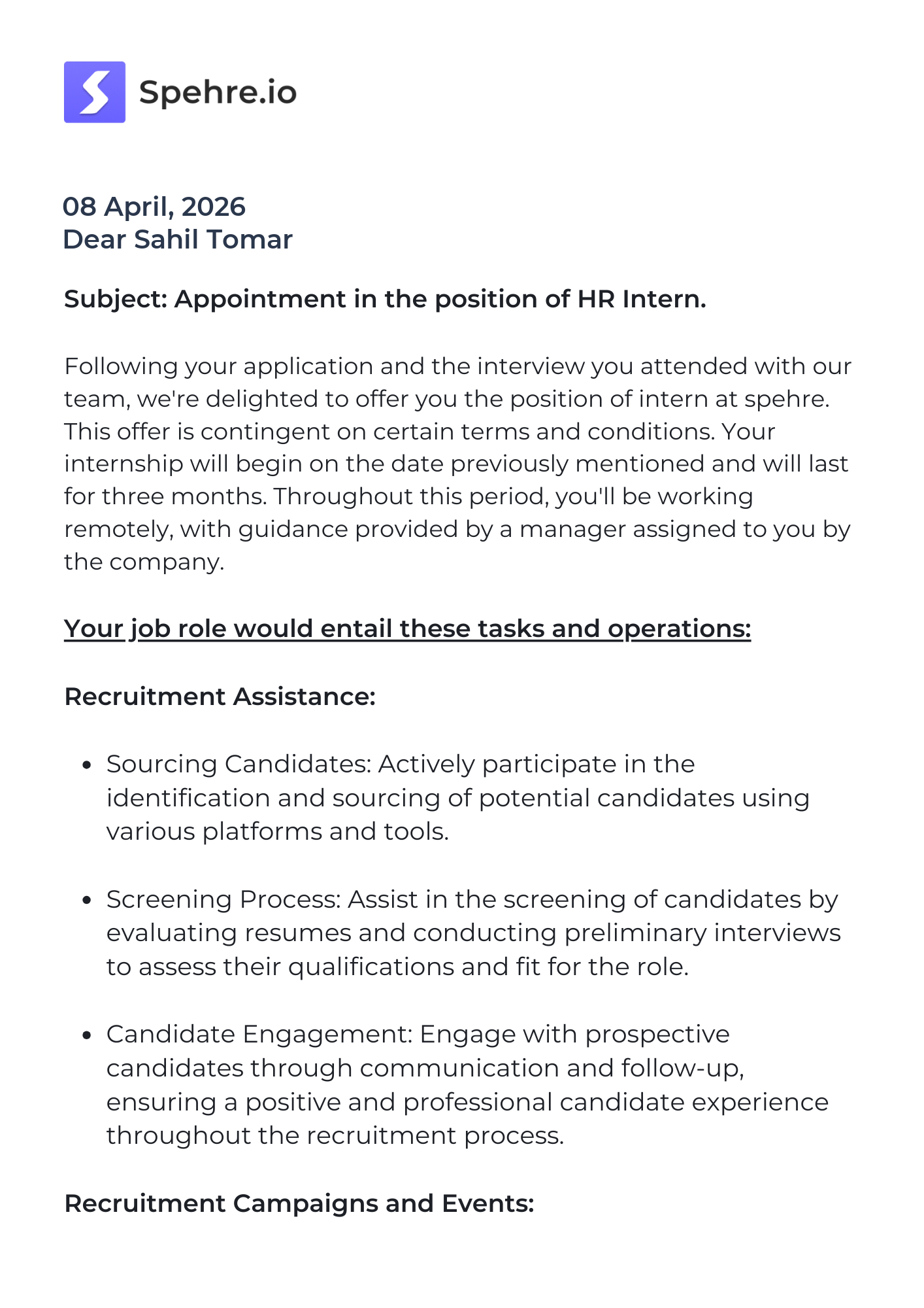 spehre Offer Letter Page 1